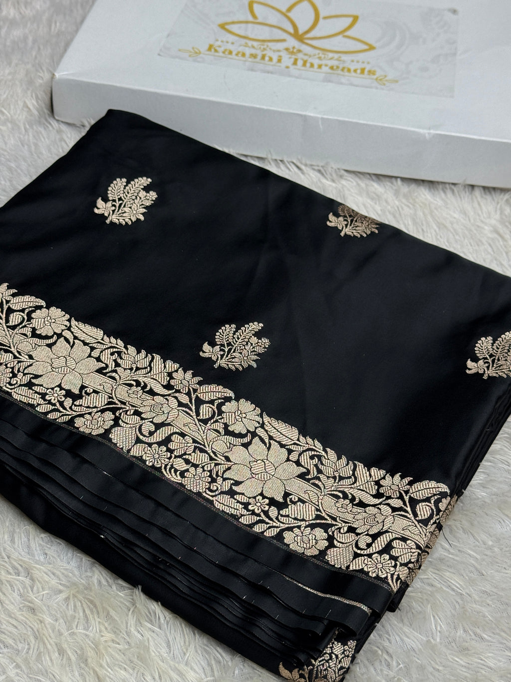 Elegant Black Buta Woven Banarasi Satin Mashru Silk Saree with Scalloped Border MKS181