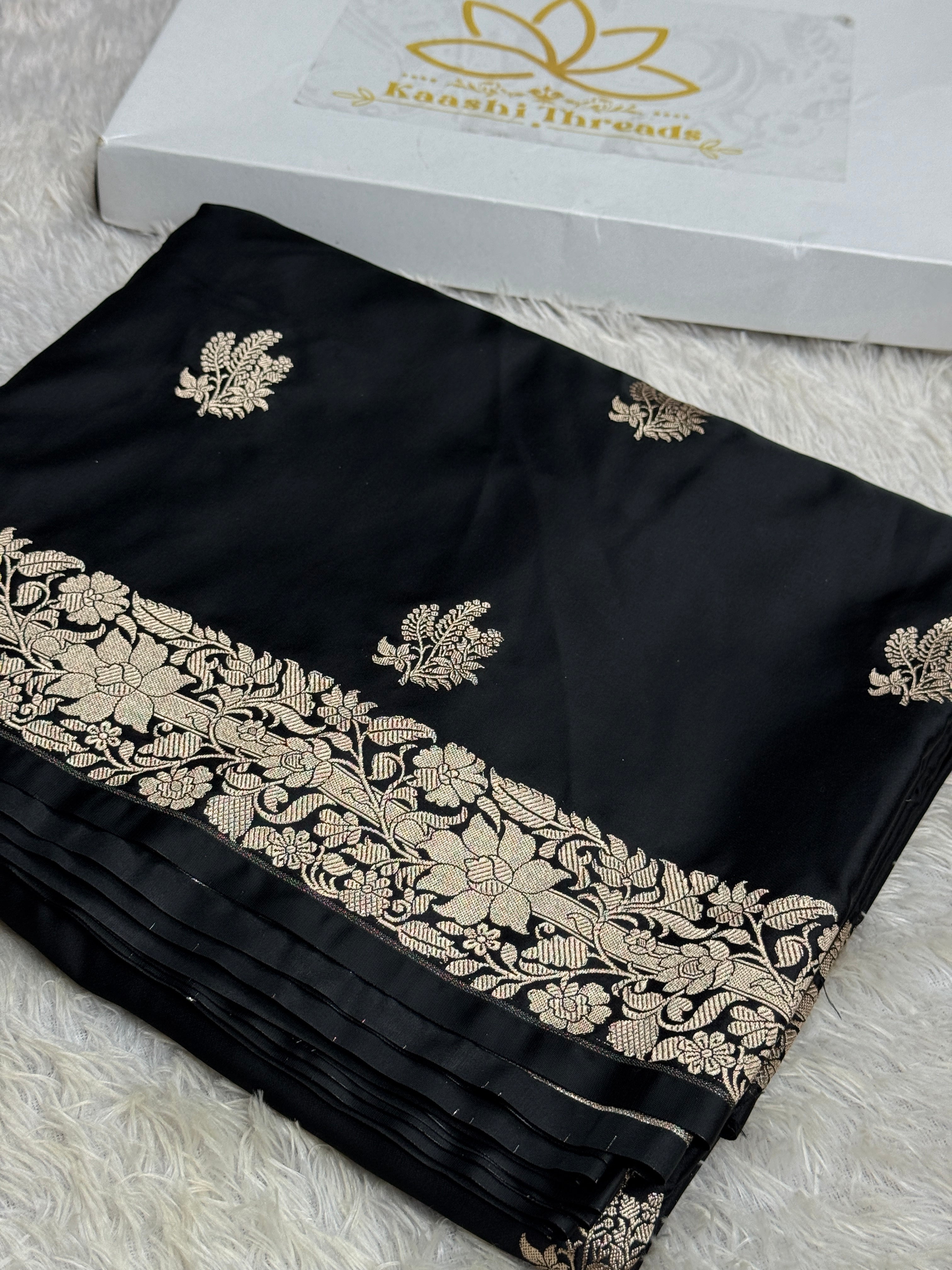 Elegant Black Buta Woven Banarasi Satin Mashru Silk Saree with Scalloped Border MKS181