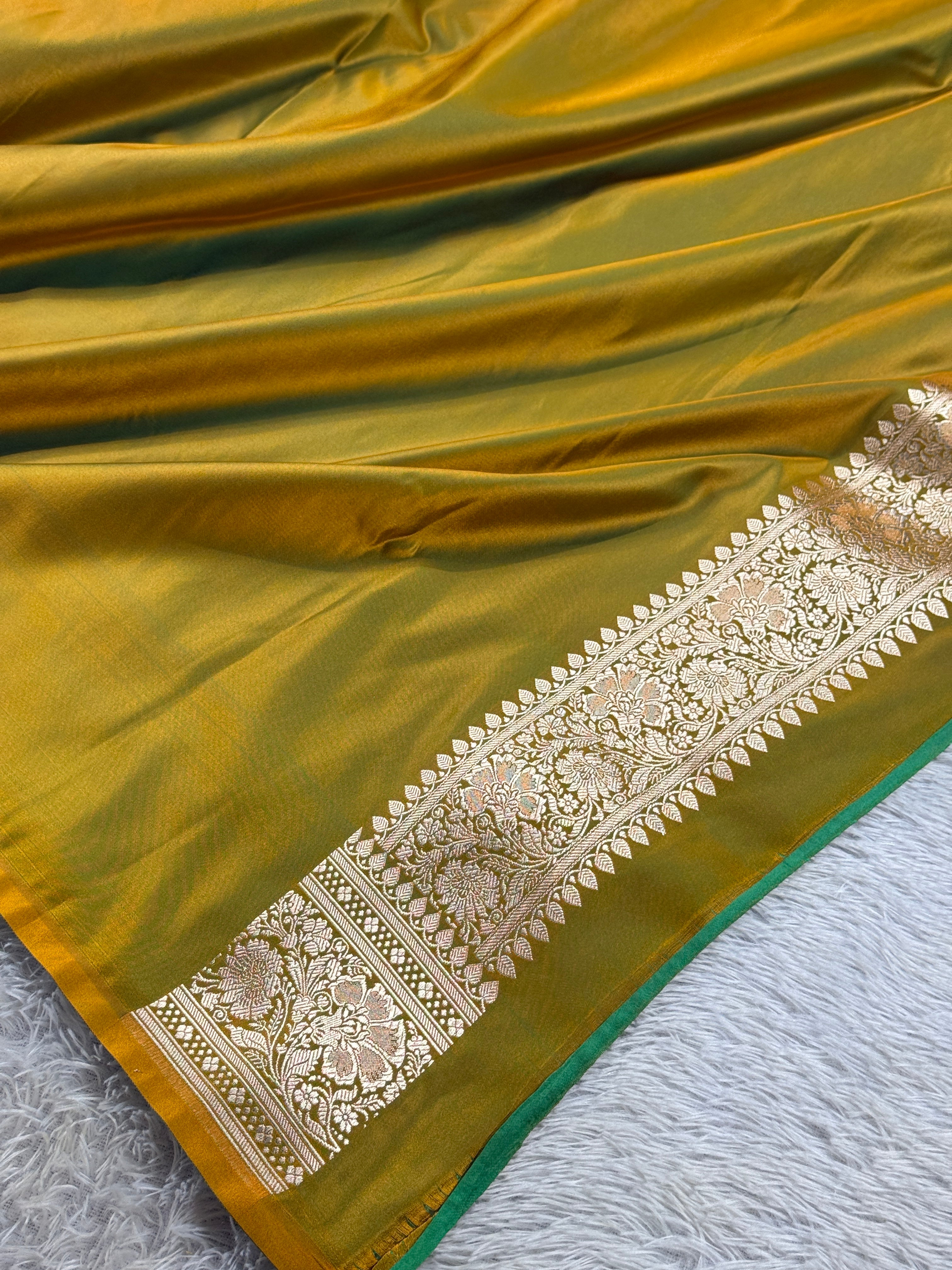 Mehandi Yellow Jangla Woven Mashru Kataan Silk Banarasi Saree with Rich Jacquard Pallu – MKS501 | Kaashi Threads