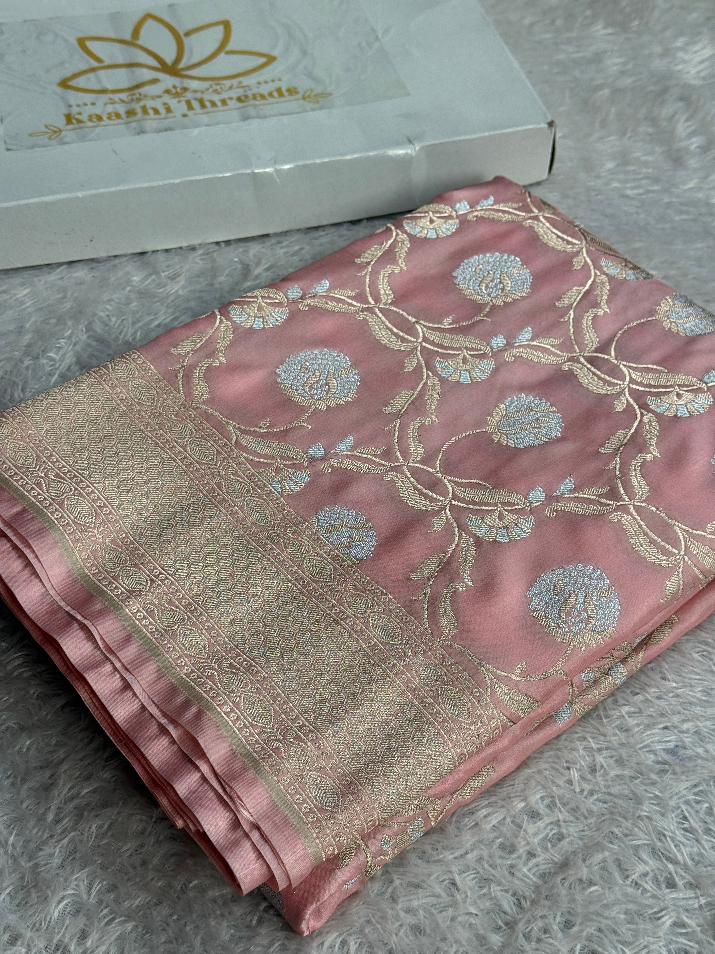 Peach Mashru Kataan Silk Jaal Woven Banarasi Saree with Silver Zari Meena Work – MKS731