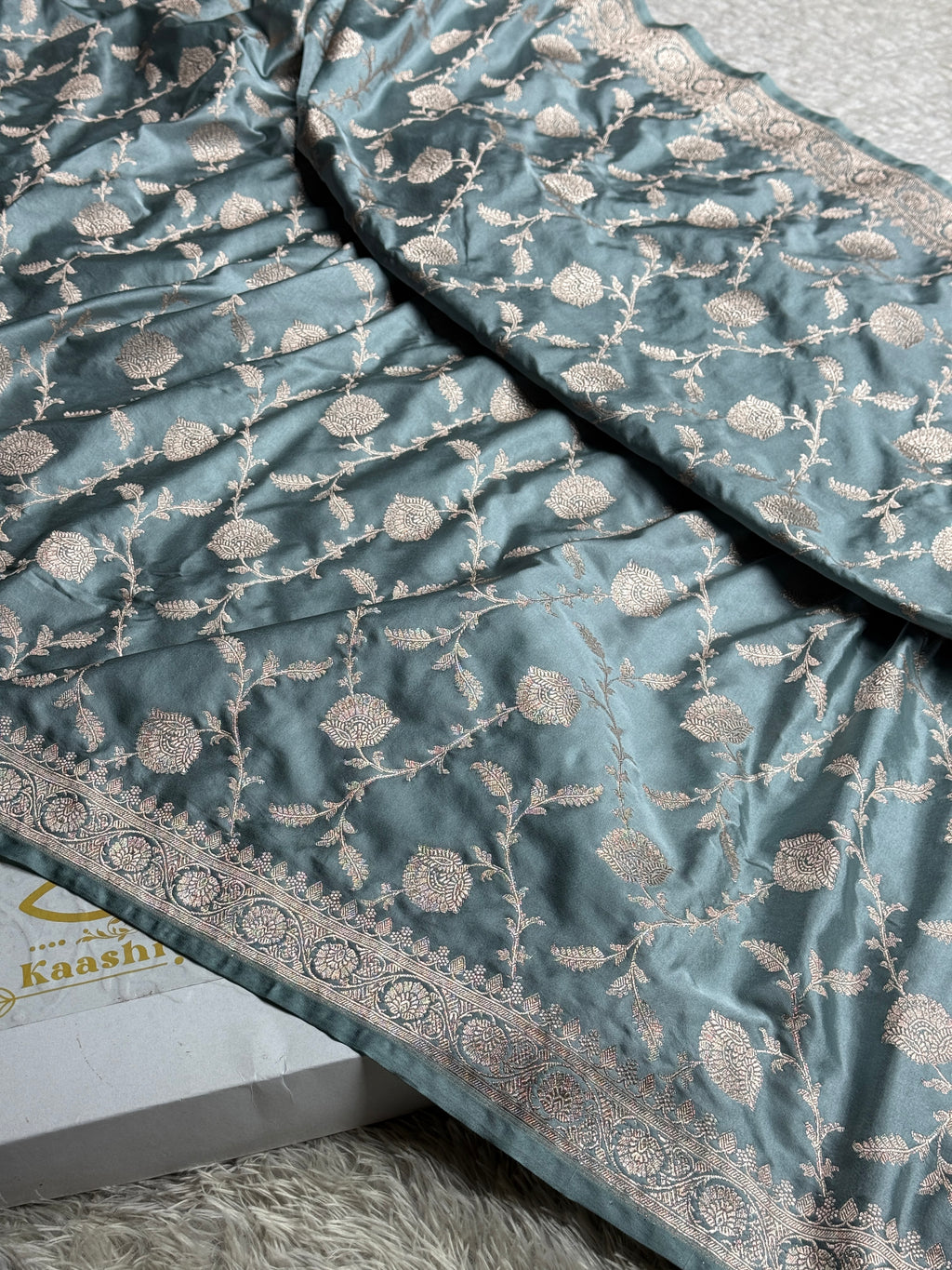 Grey Banarasi Mashru Silk Saree | Satin Finish | Jaal Woven Pattern | Running Blouse MKS228