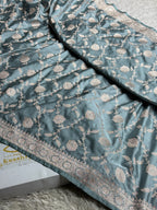 Grey Banarasi Mashru Silk Saree | Satin Finish | Jaal Woven Pattern | Running Blouse MKS228