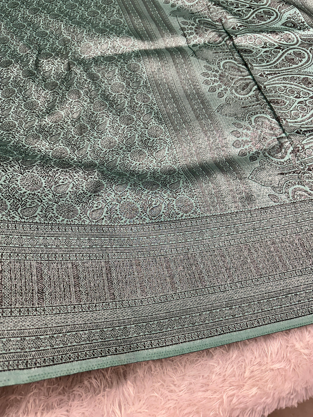 STF51 – Charming Sea Green Dupion Saree with All-Over Floral Woven Designs