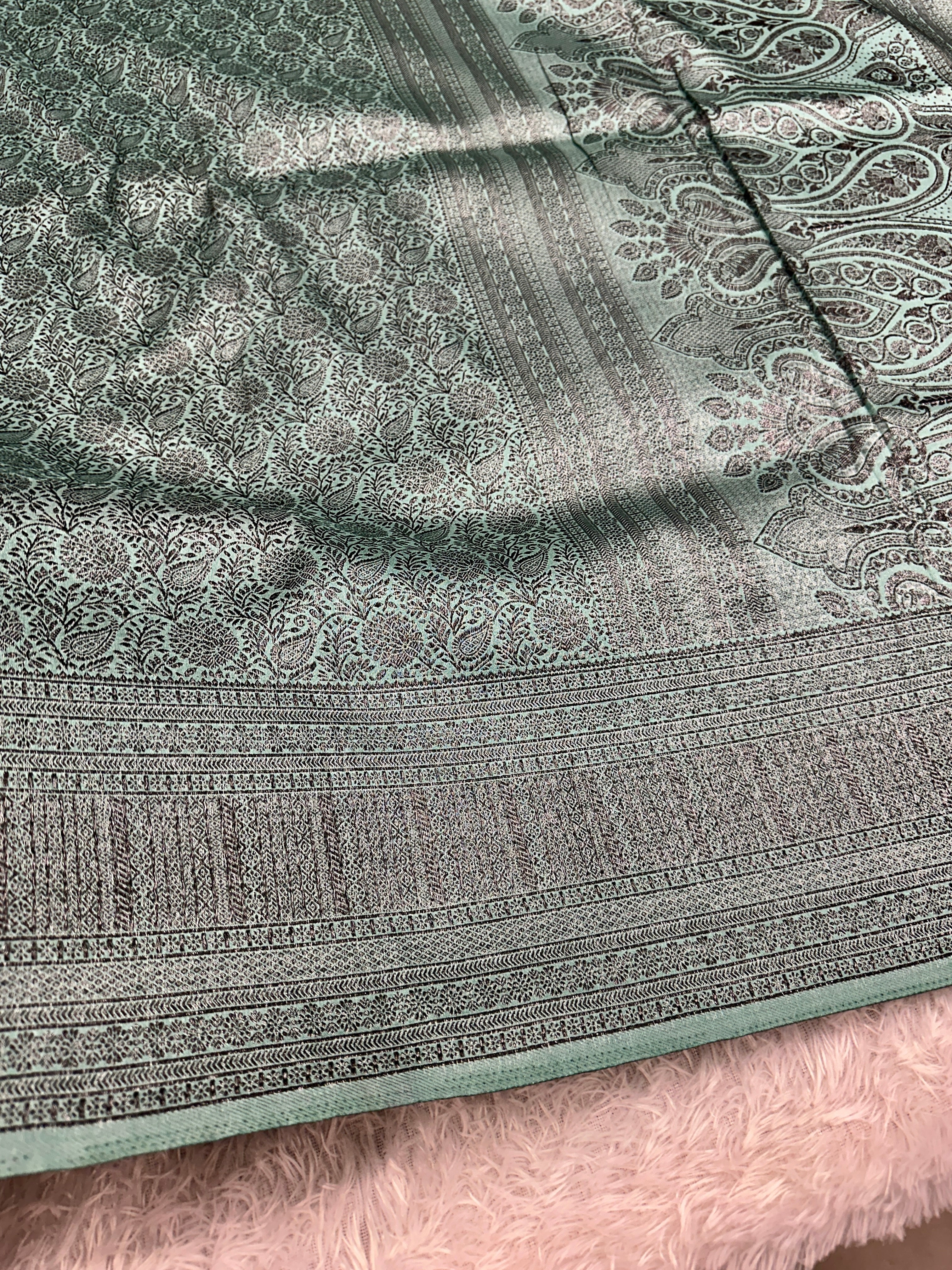 STF51 – Charming Sea Green Dupion Saree with All-Over Floral Woven Designs