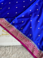 Royal Blue Mashru Kataan Silk Saree with Buta Woven Design & Rani Pink Contrast | MKS629