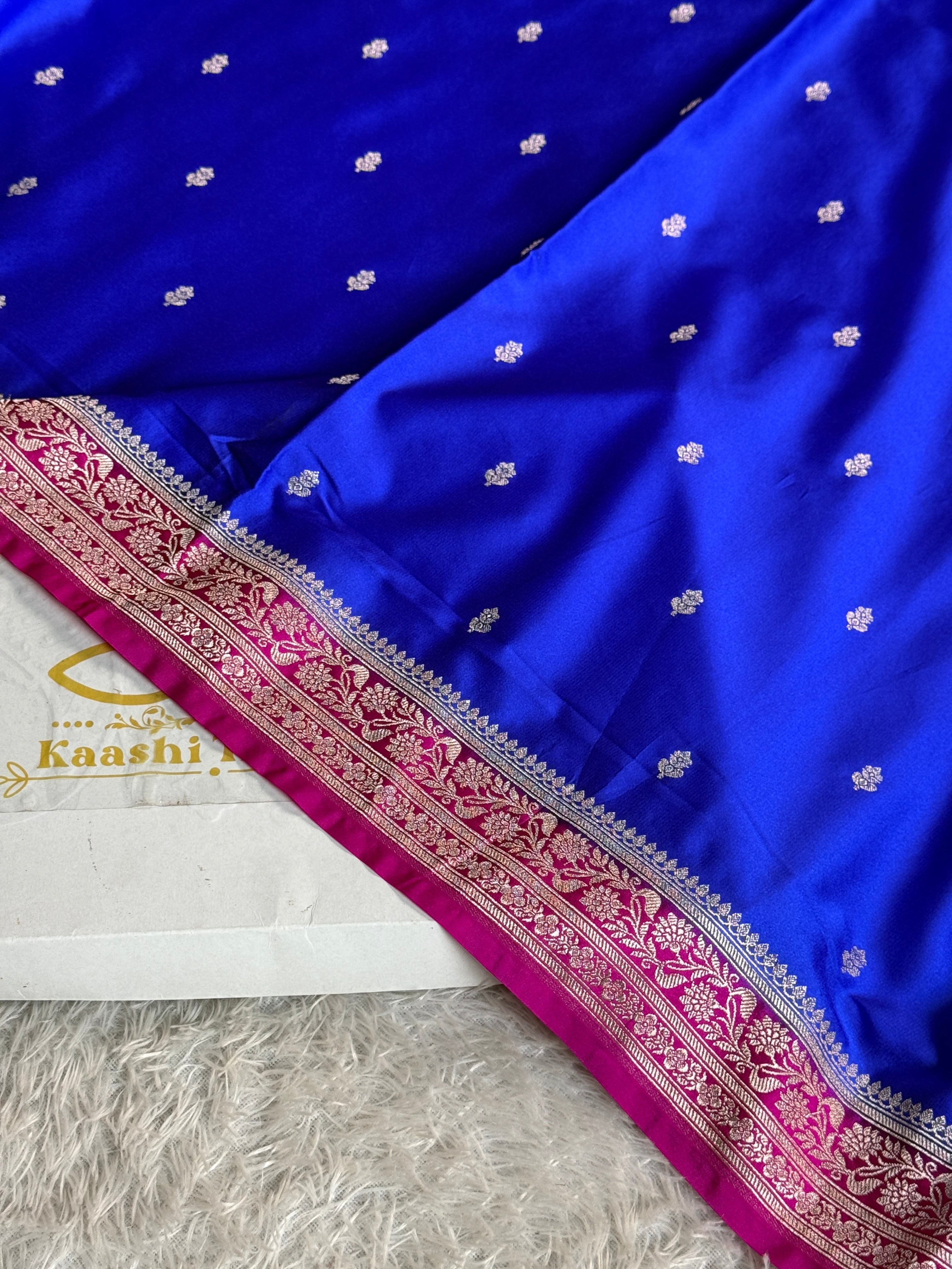Royal Blue Mashru Kataan Silk Saree with Buta Woven Design & Rani Pink Contrast | MKS629