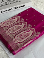 Banarasi Mashru Kataan Silk Saree in Rani Pink | Ikkat Buti Woven Design with Rich Zari Pallu | MKS854