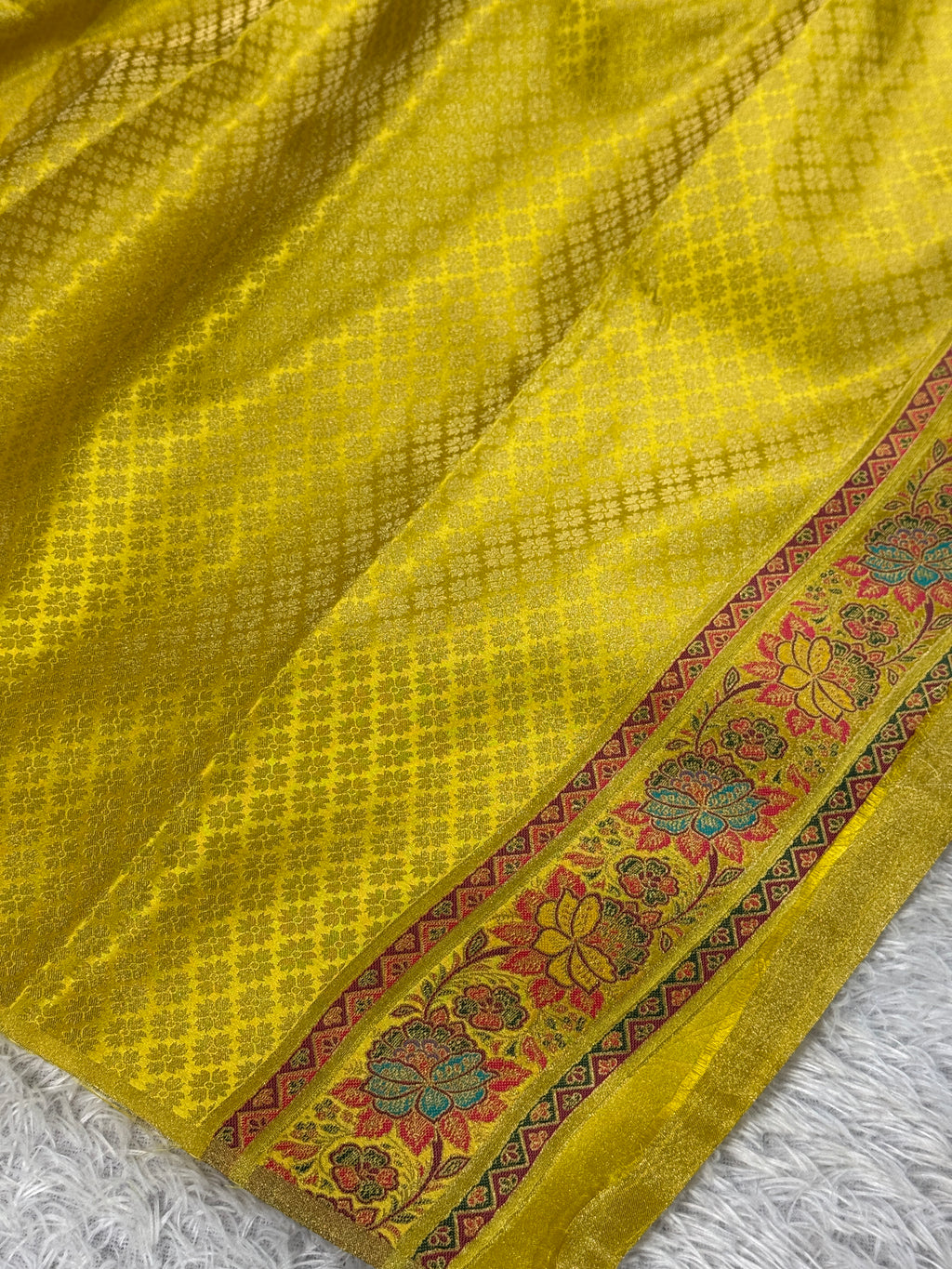 🍋 Lemon Yellow Embossed Kanchi Tissue Soft Silk Saree with Tilfi Meenakari Pallu & Border MKS401