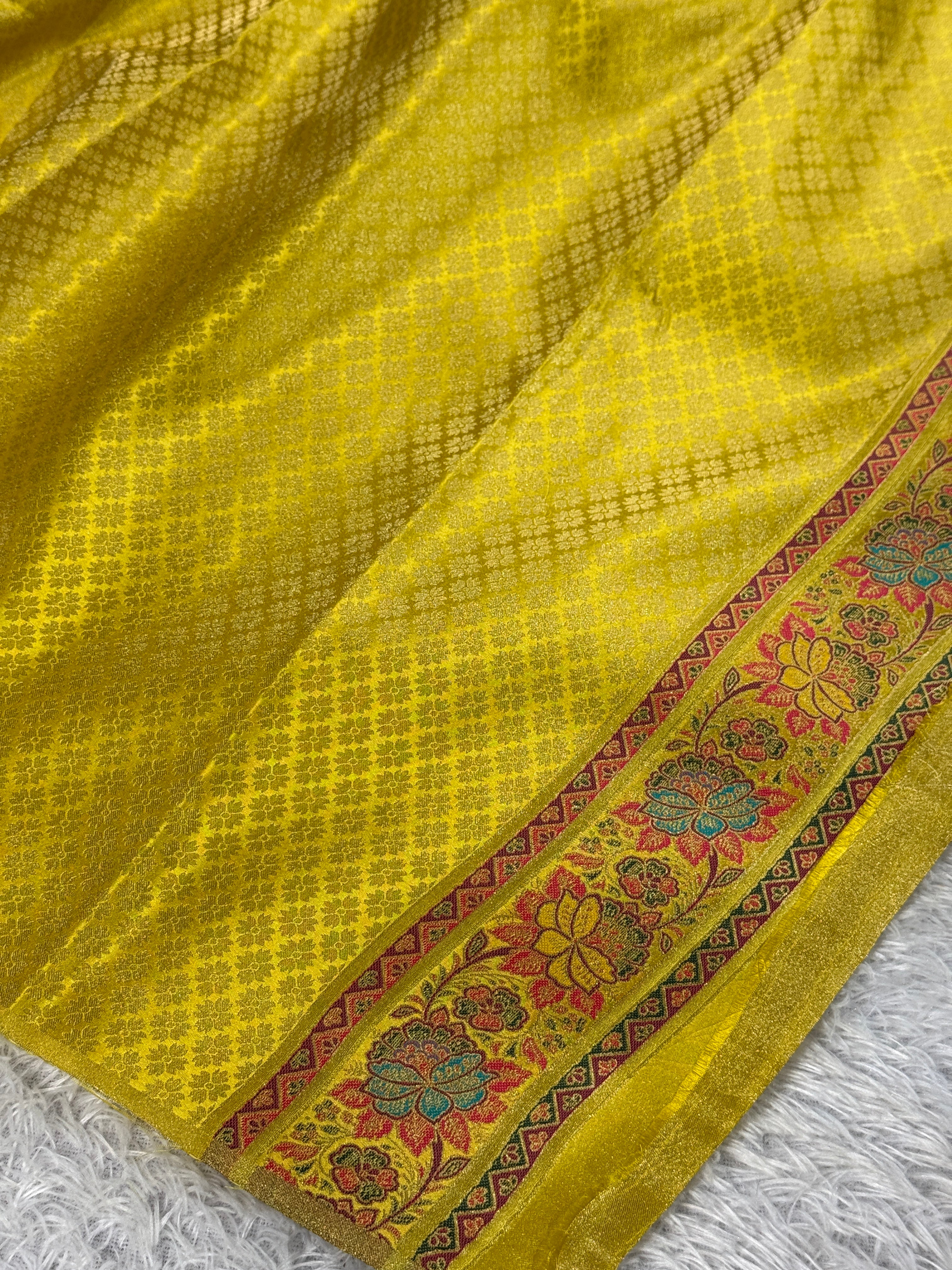 🍋 Lemon Yellow Embossed Kanchi Tissue Soft Silk Saree with Tilfi Meenakari Pallu & Border MKS401
