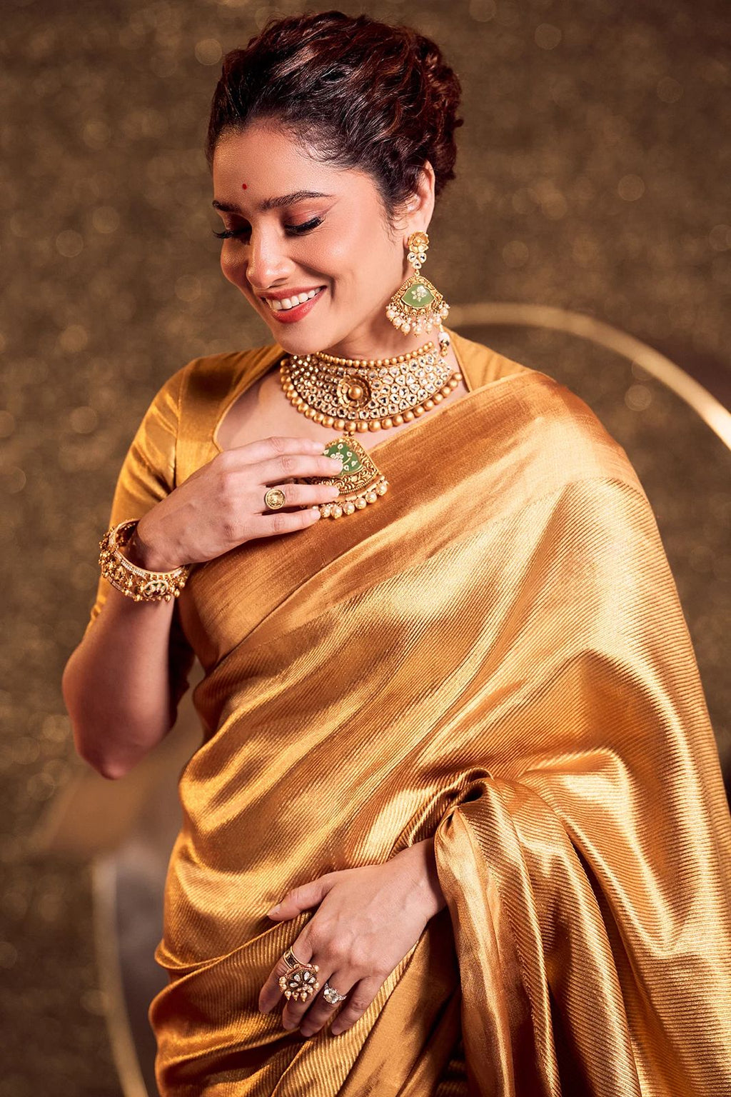 Celebrity inspired golden tissue silk Saree Ts119