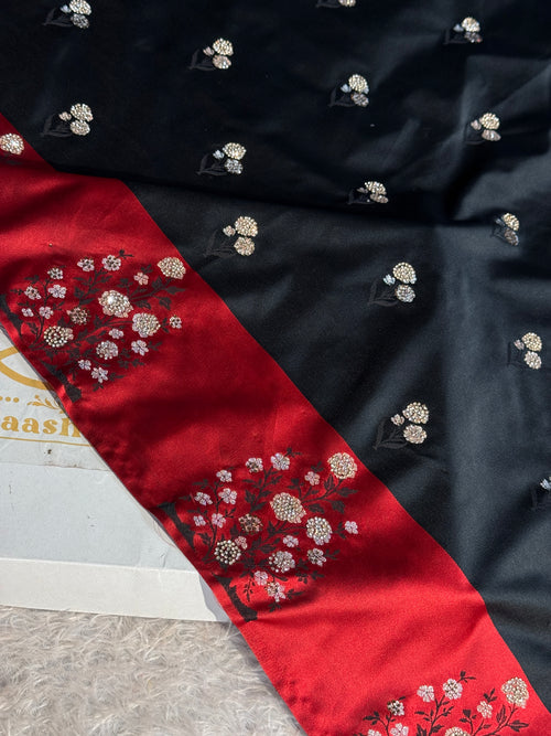 Banarasi Mashru Kataan Silk Saree in Black & Red | Buta Woven & Swarovski Work | Rich Zari Pallu | Contrast Blouse – MKS821