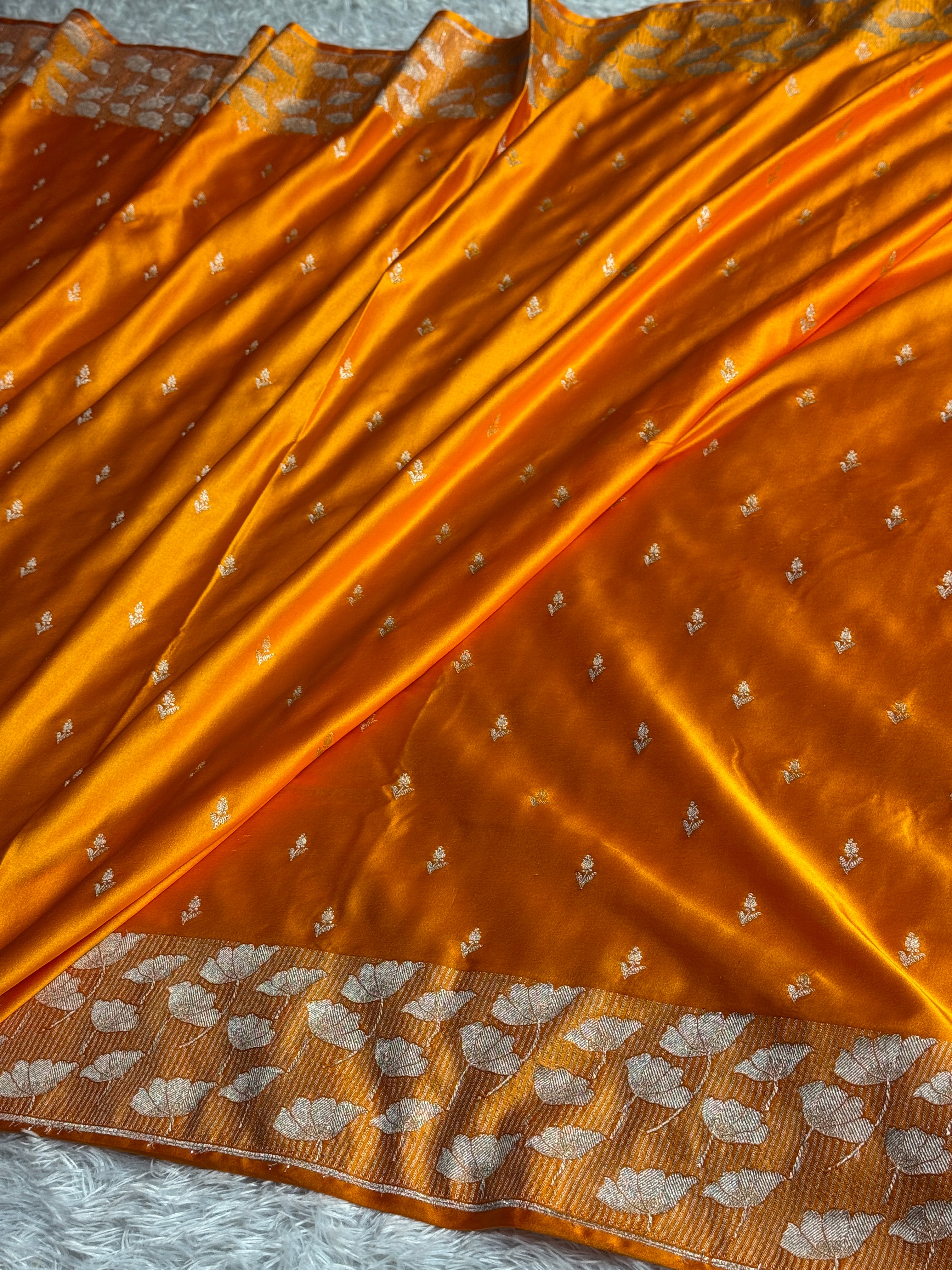 Mashru Kataan Silk Buta Woven Banarasi Saree with Fancy Woven Border – Yellow Orange | MKS596
