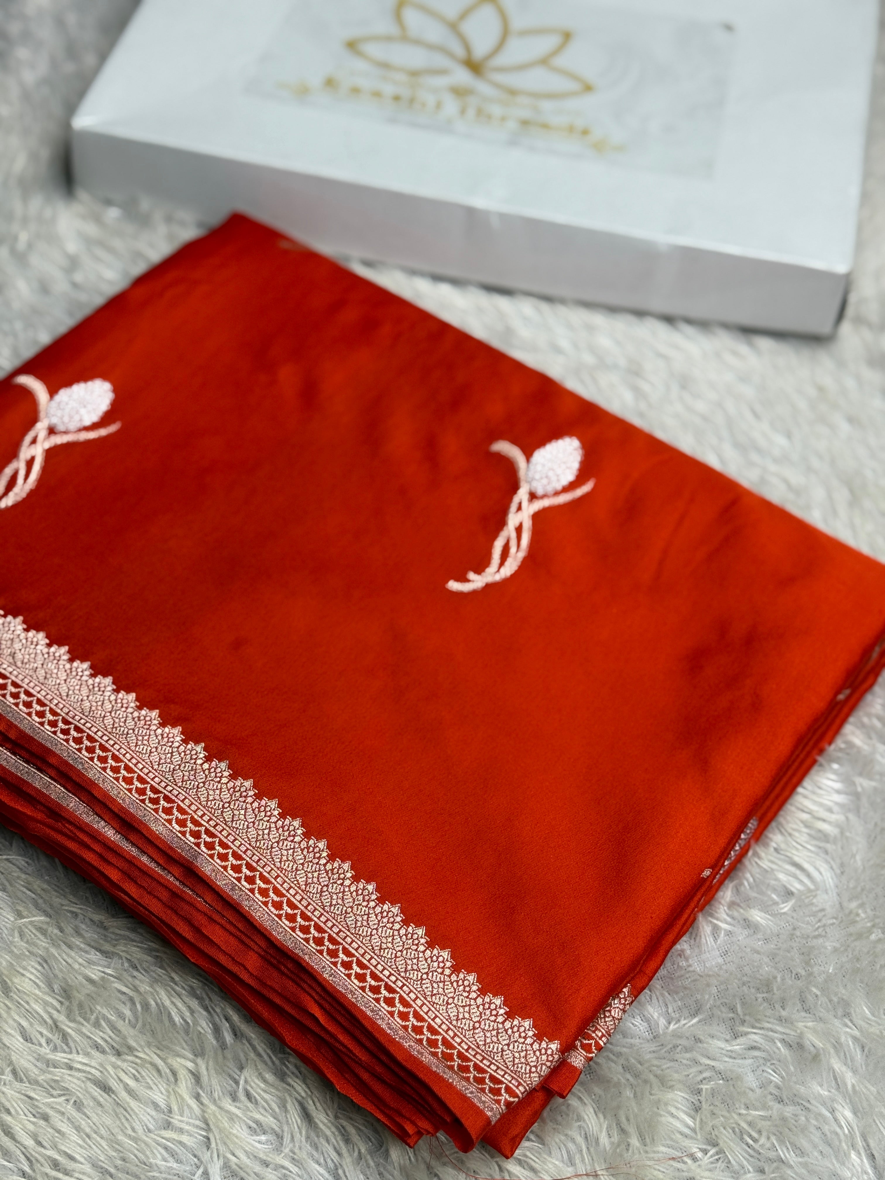 Orange Silver Meena Buta Banarasi Satin Mashru Silk Saree – Running Blouse | 780g MKS234