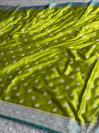 MKS690 – Mehndi & Sea Green Banarasi Mashru Kataan Silk Saree with Buta Woven Design