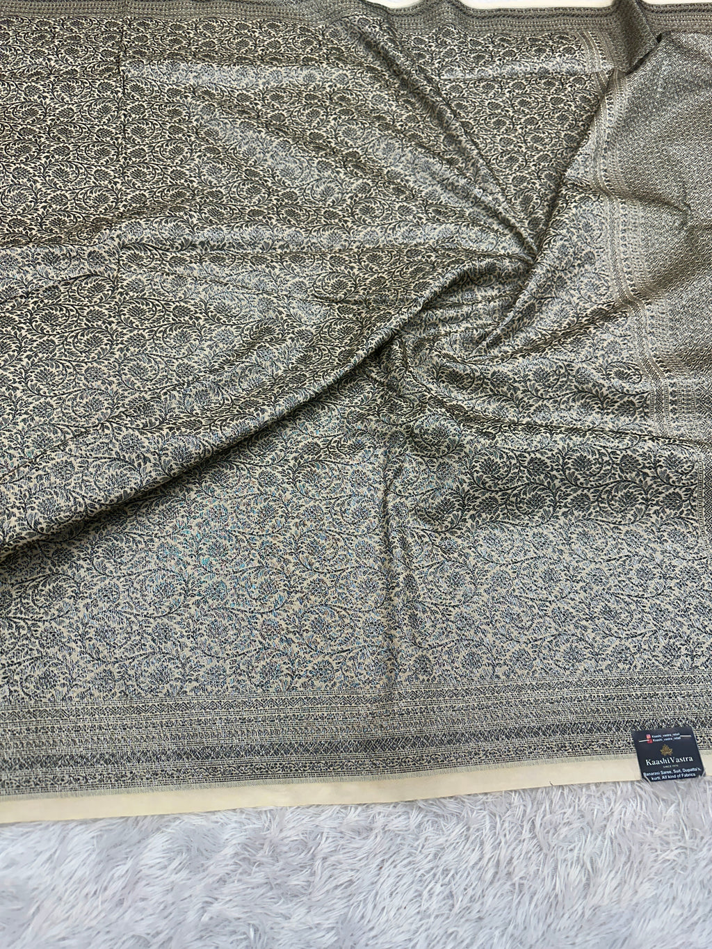 STF48 – Elegant Cream Dupion Saree with Silver-Black Antique Zari Weaving