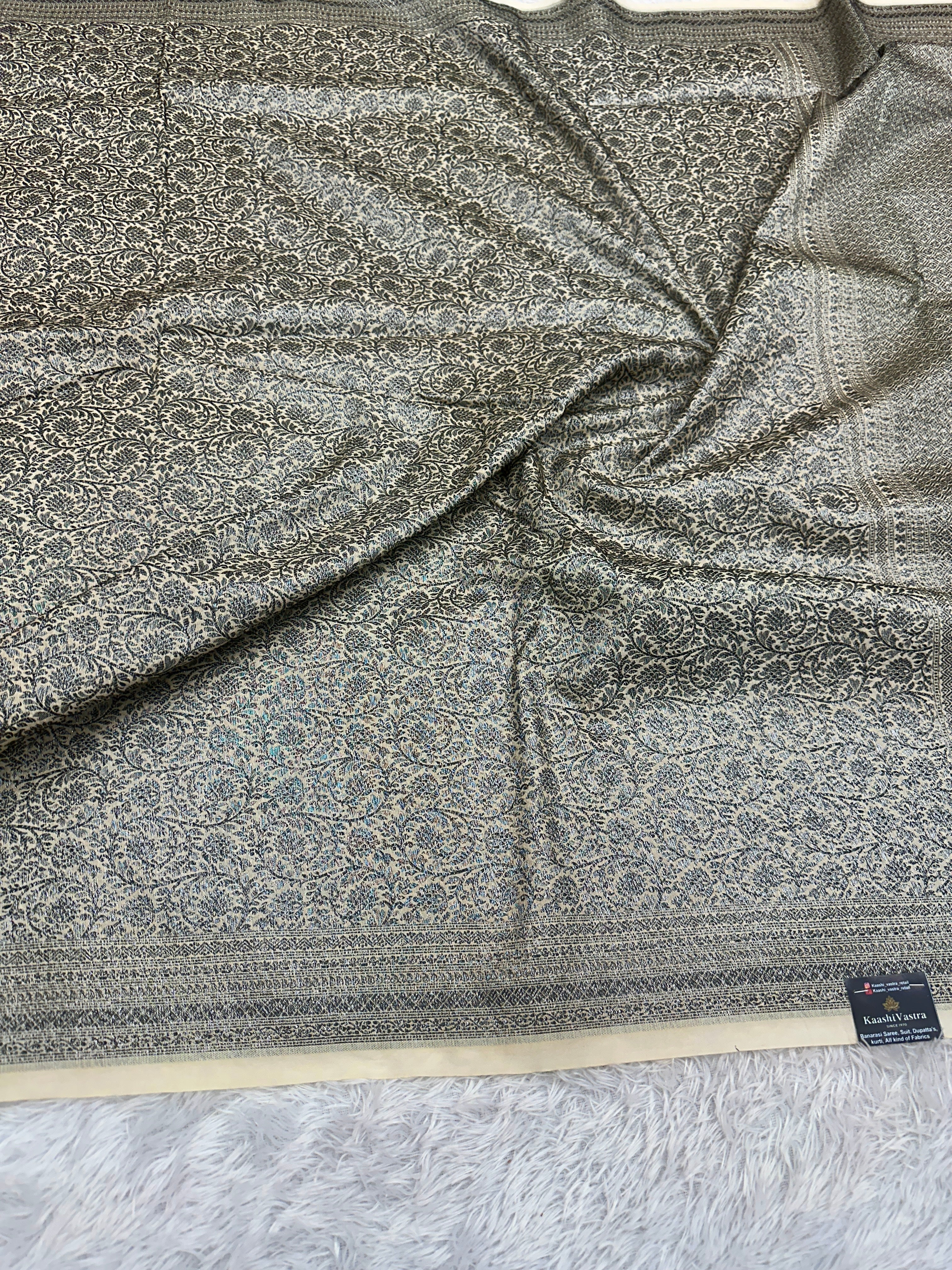 STF48 – Elegant Cream Dupion Saree with Silver-Black Antique Zari Weaving