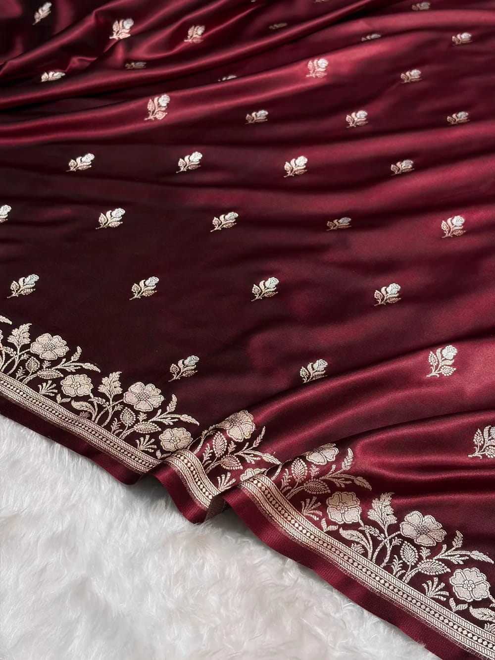 Banarasi Mashru Kataan Silk Saree Featuring Zari Rose Buta Design with Rich Zari Pallu – MKS412