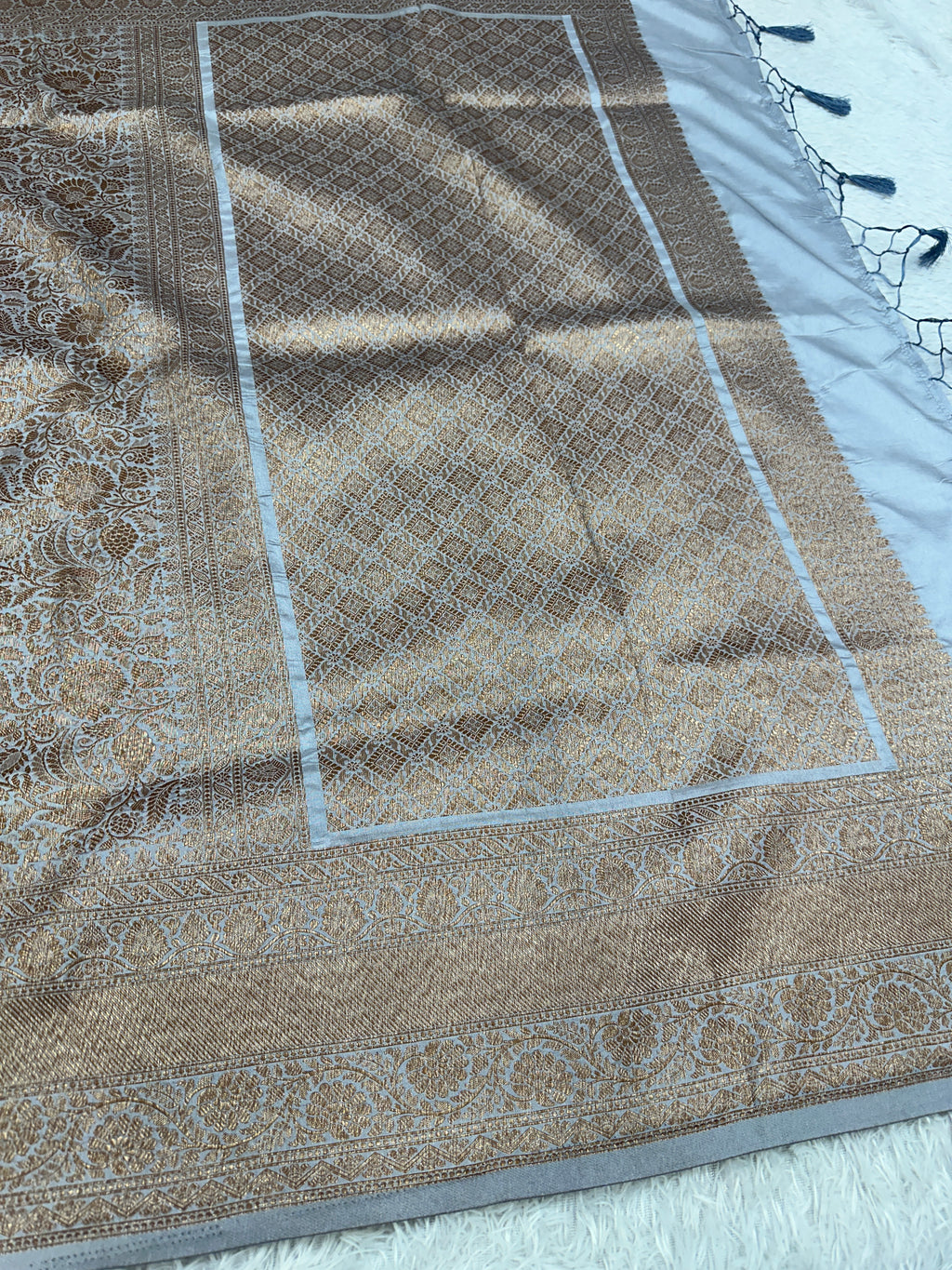 Grey Banarasi Dupion Silk Saree with Embossed Antique Zari Weaving & Rich Antique Zari Pallu | STF71