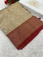 Cream & Red Banarasi Dupion Silk Saree with Embossed Antique Zari Weaving & Rich Antique Zari Pallu | STF68