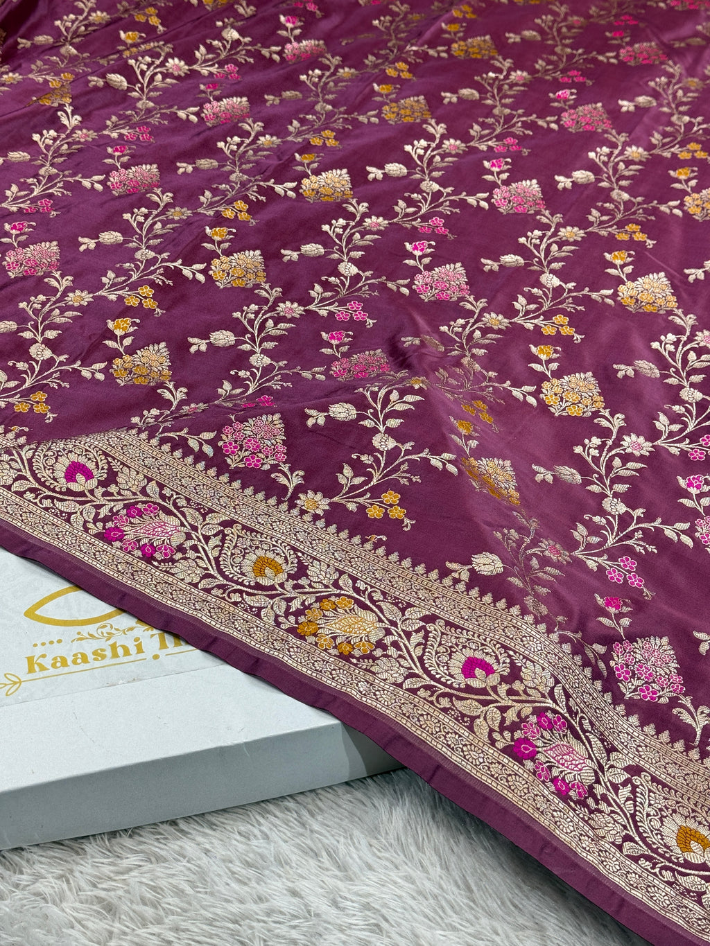 Gajri Banarasi Mashru Kataan Silk Saree with All-Over Jaal Meena Weaving & Rupa-Sona Zari MKS146