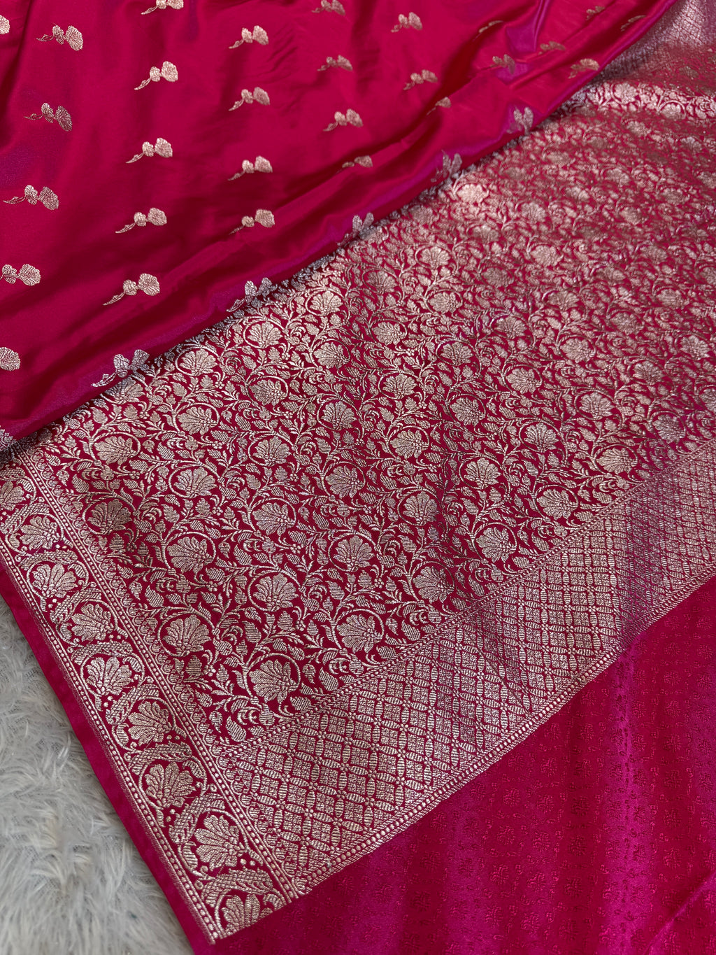 Rani Pink Banarasi Mashru Silk Saree with Jacquard Woven Floral Buta Pattern MKS132