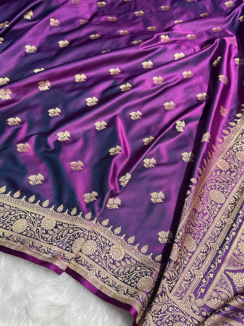 Banarasi Mashru Kataan Silk Saree Featuring Fancy Buta Pattern with Ikkat Border & Zari Pallu – MKS408