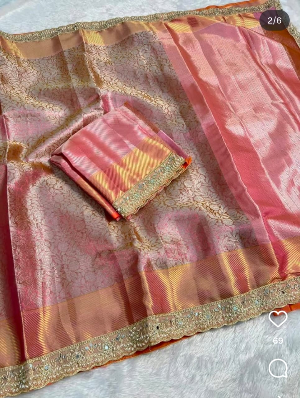 Soft Pink Banarasi Tissue Silk Saree with Golden Zari Work   TS101