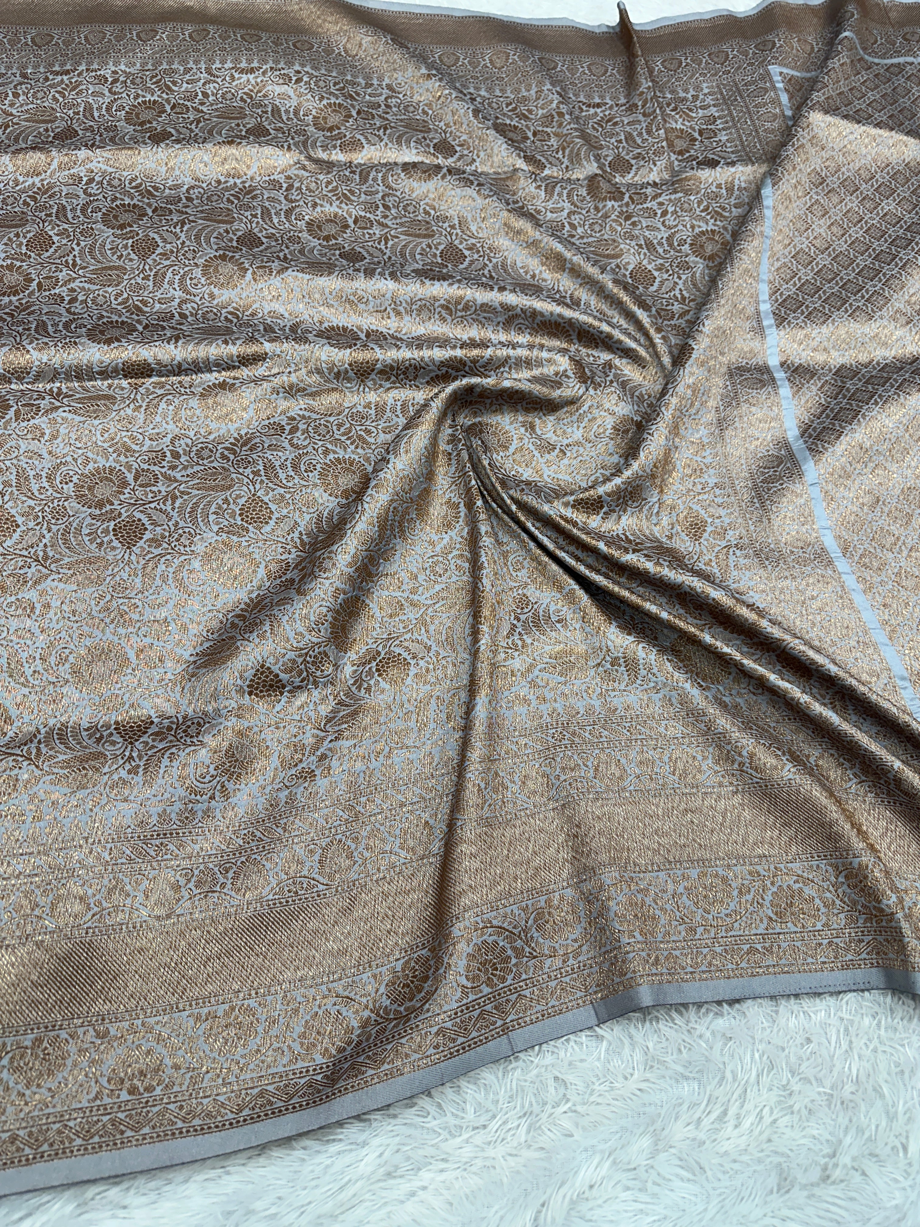 Grey Banarasi Dupion Silk Saree with Embossed Antique Zari Weaving & Rich Antique Zari Pallu | STF71