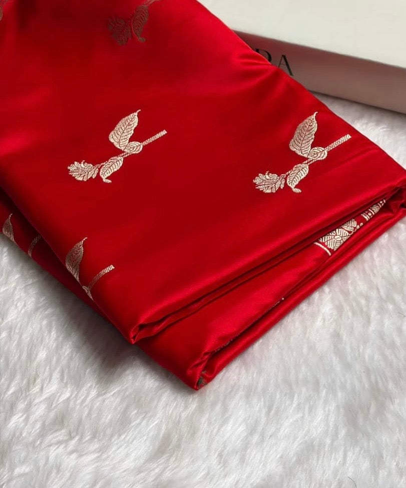 Banarasi Mashru Kataan Silk Saree Featuring Flower Buta Design with Ikkat Border and Zari Pallu – MKS409