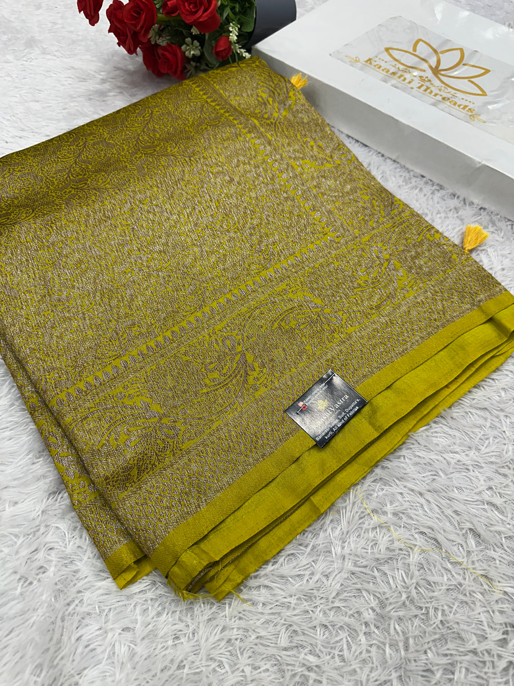 Lemon Banarasi Dupion Silk Saree with Embossed Antique Zari Weaving & Rich Antique Zari Pallu | STF102