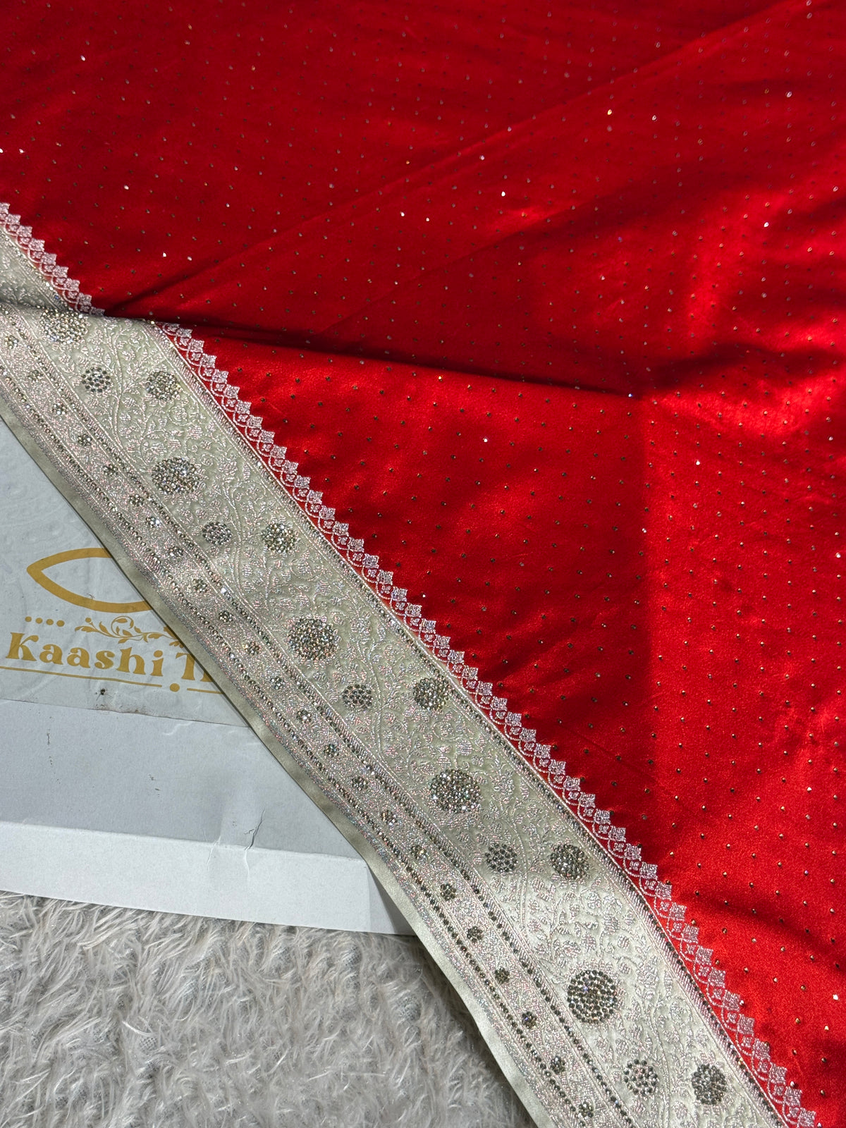 Red & Cream Mashru Saatan Silk Saree with All-Over Swarovski Stone Work – MKS834