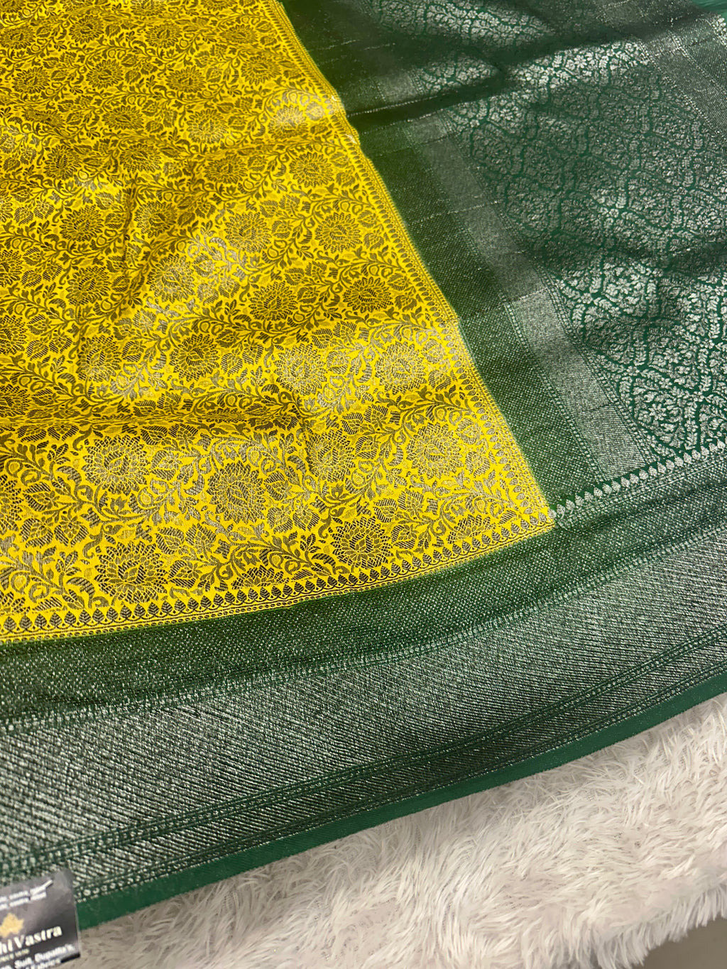 STF43– Radiant Lemon Yellow Dupion Saree with Silver-Black Antique Zari Weaving