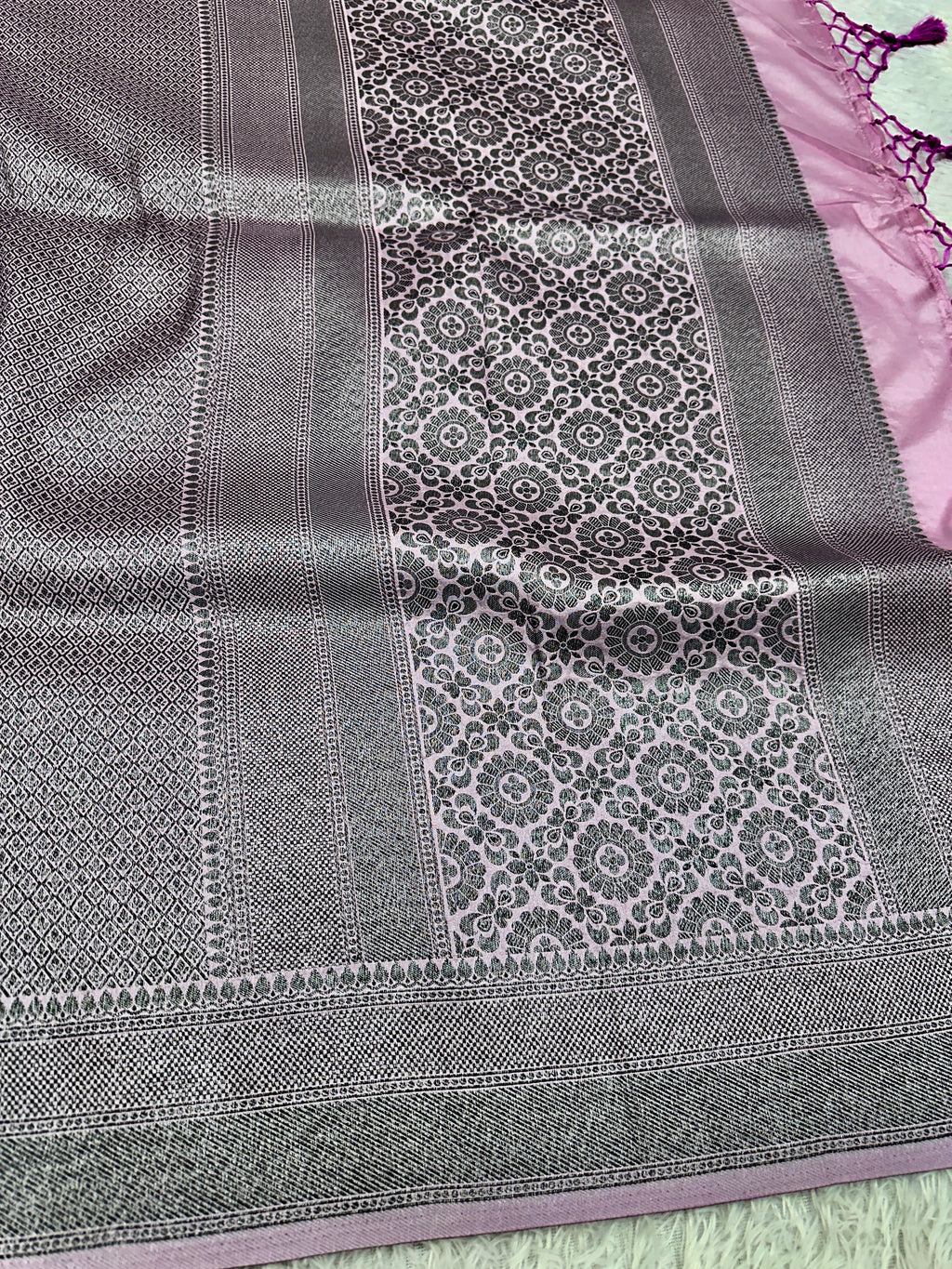 STF55 – Elegant Lavender Dupion Saree with Embossed Square Woven Designs