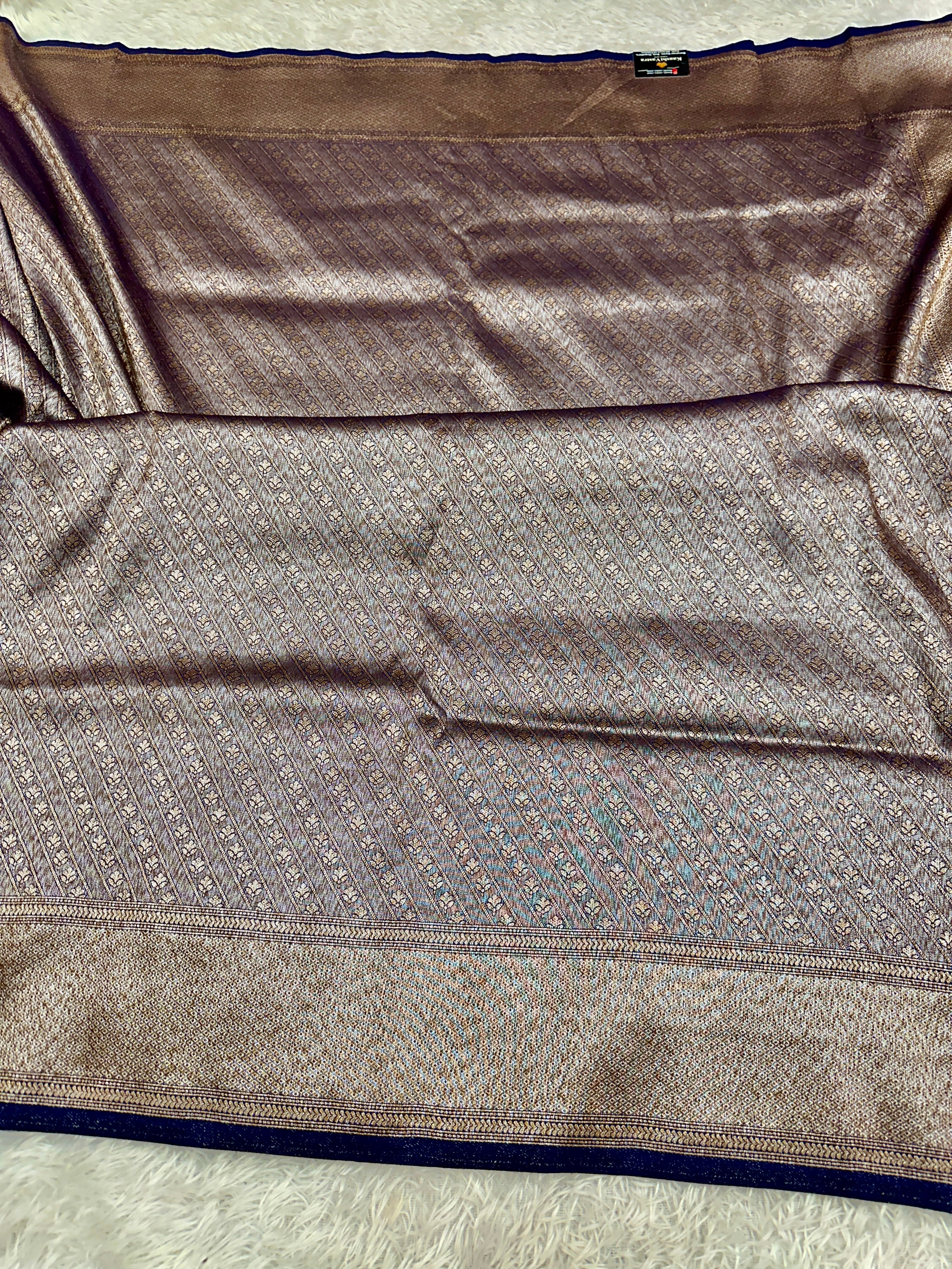 Navy Blue Banarasi Dupion Silk Saree with Embossed Antique Zari Weaving & Rich Antique Zari Pallu | STF59