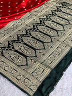 Banarasi Mashru Kataan Silk Saree – Red with Green Contrast | Buta Woven Design | Rich Zari Pallu | MKS751