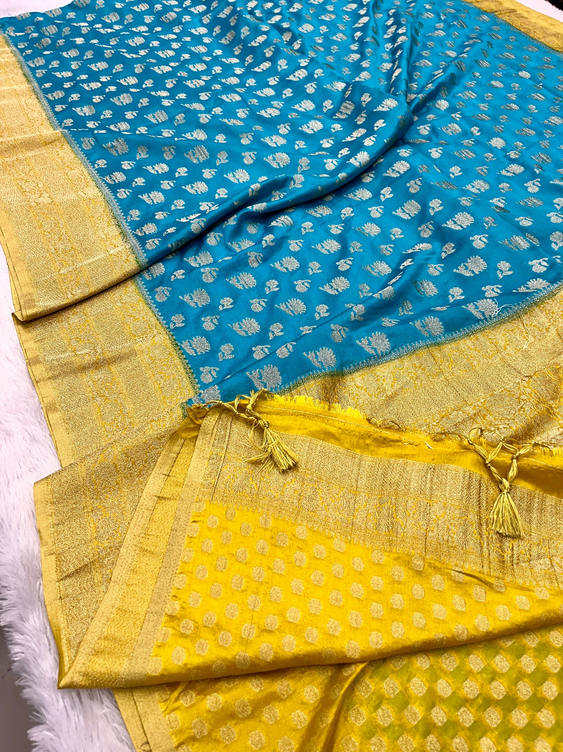 Chinon Silk Big small Buta  Design Sea blue Color Saree CN06