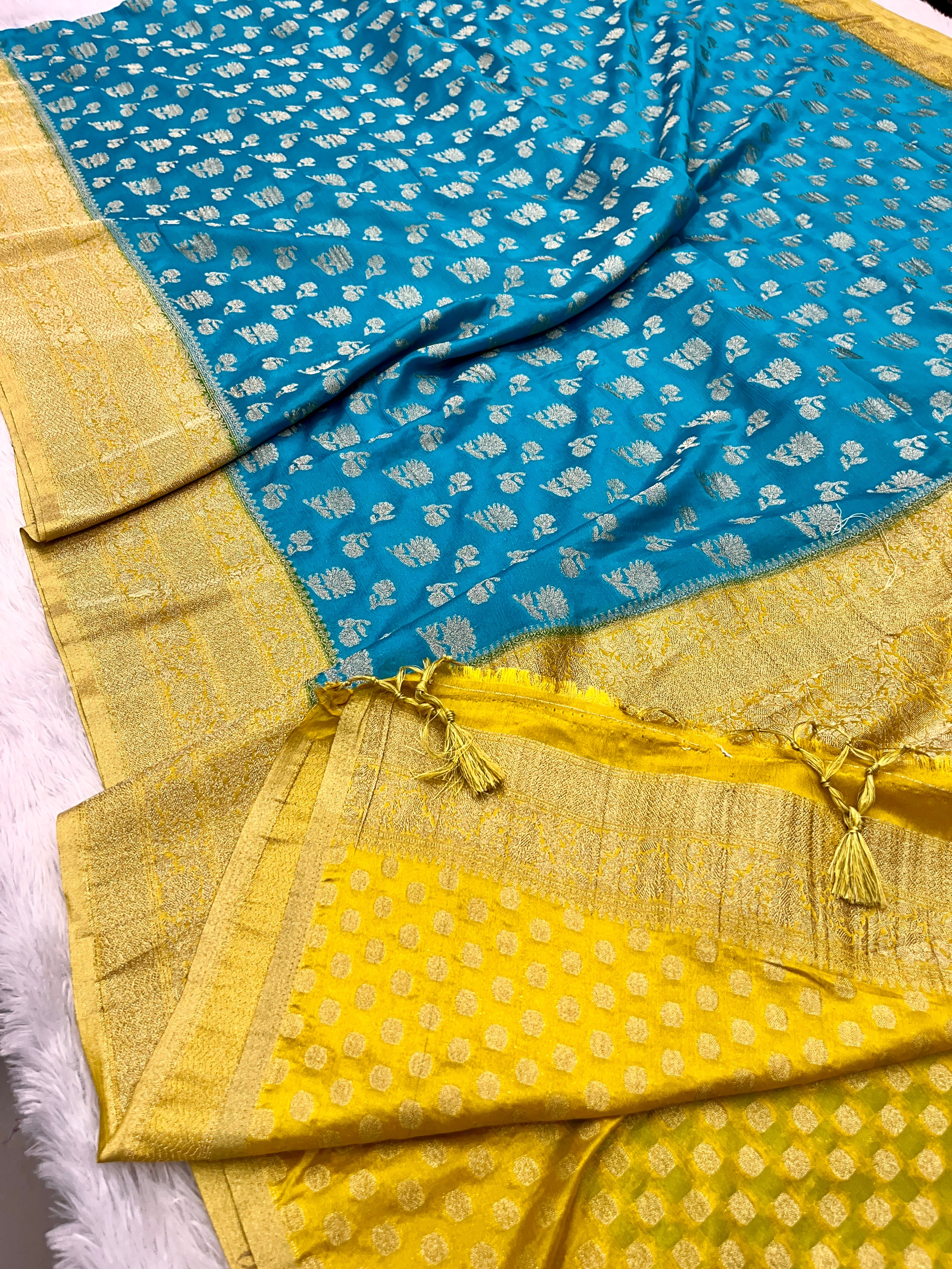 Chinon Silk Big small Buta  Design Sea blue Color Saree CN06