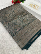 Bottle Green Banarasi Dupion Silk Saree with Embossed Antique Zari Weaving & Rich Antique Zari Pallu | STF78