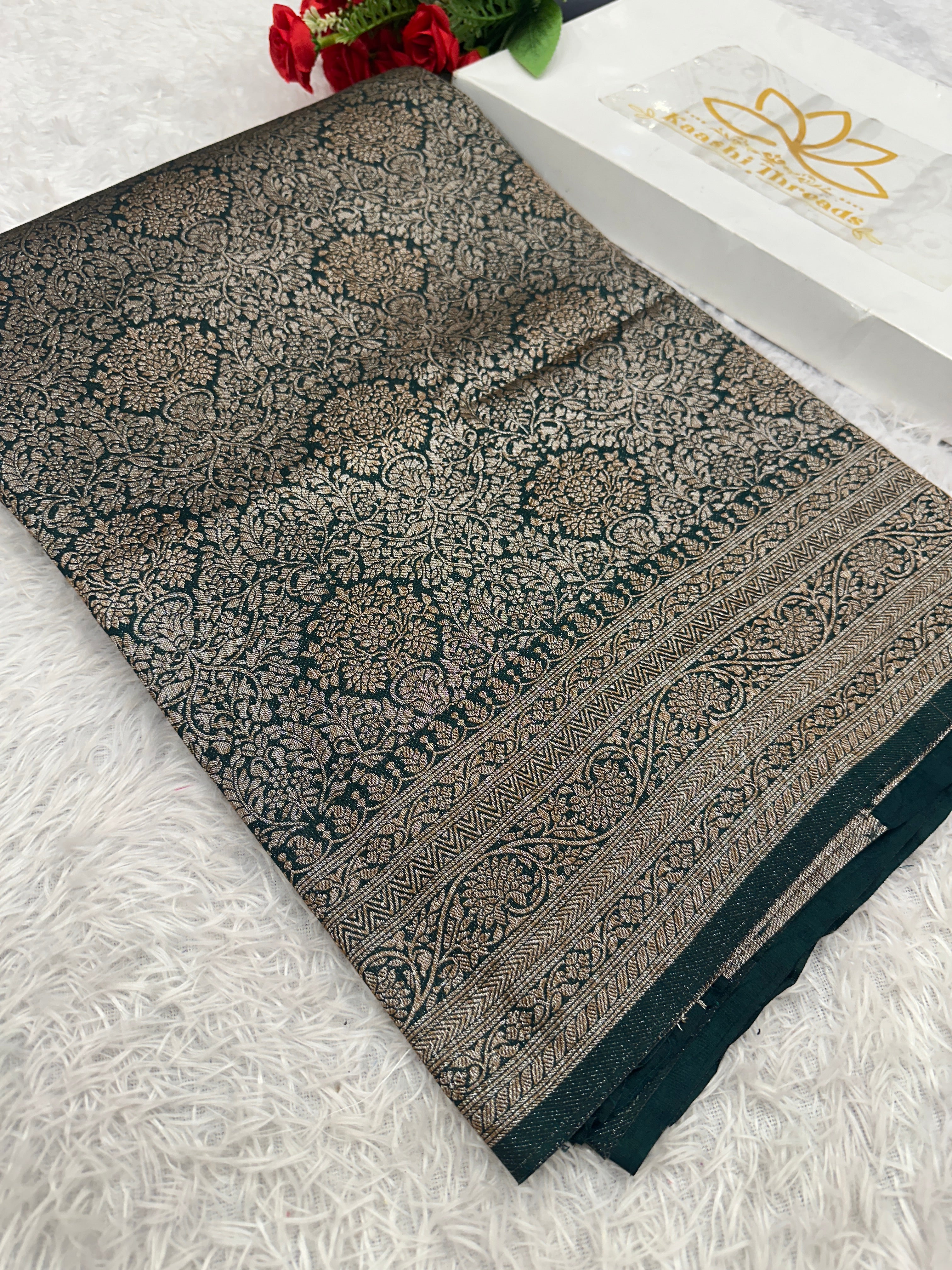 Bottle Green Banarasi Dupion Silk Saree with Embossed Antique Zari Weaving & Rich Antique Zari Pallu | STF78