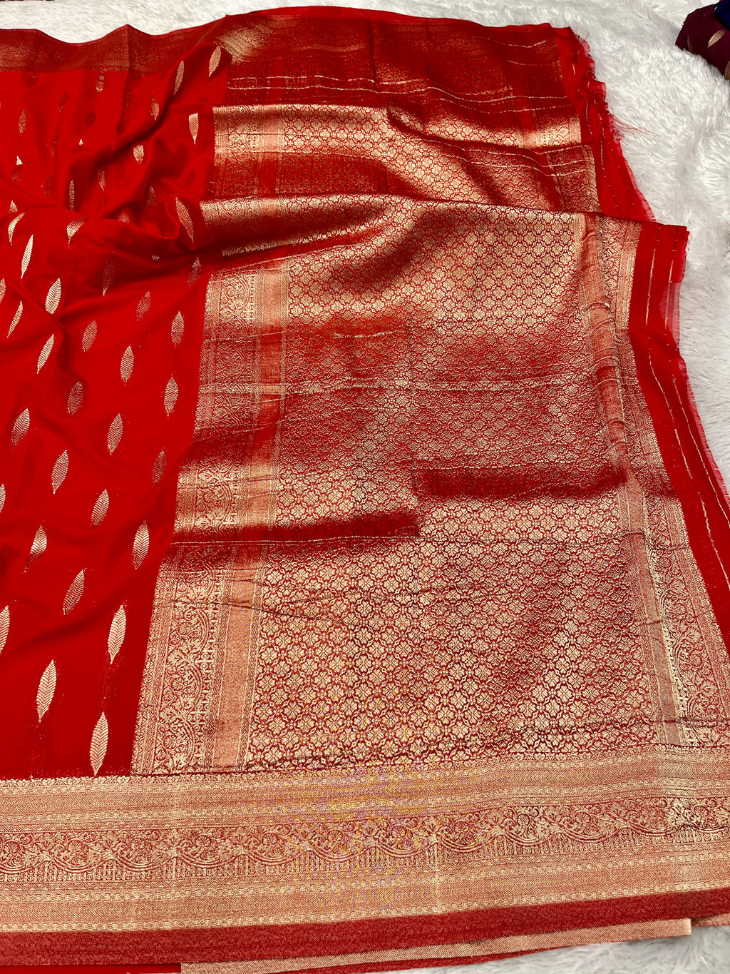 Chinon Silk Andakar Mehandi Red Color Saree CN02