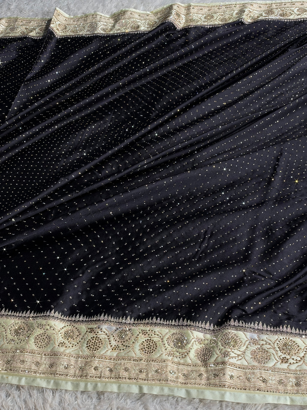 MKS839 Black & Beige Mashru Kataan Silk Saree with All-Over Swarovski Work & Rich Zari Pallu