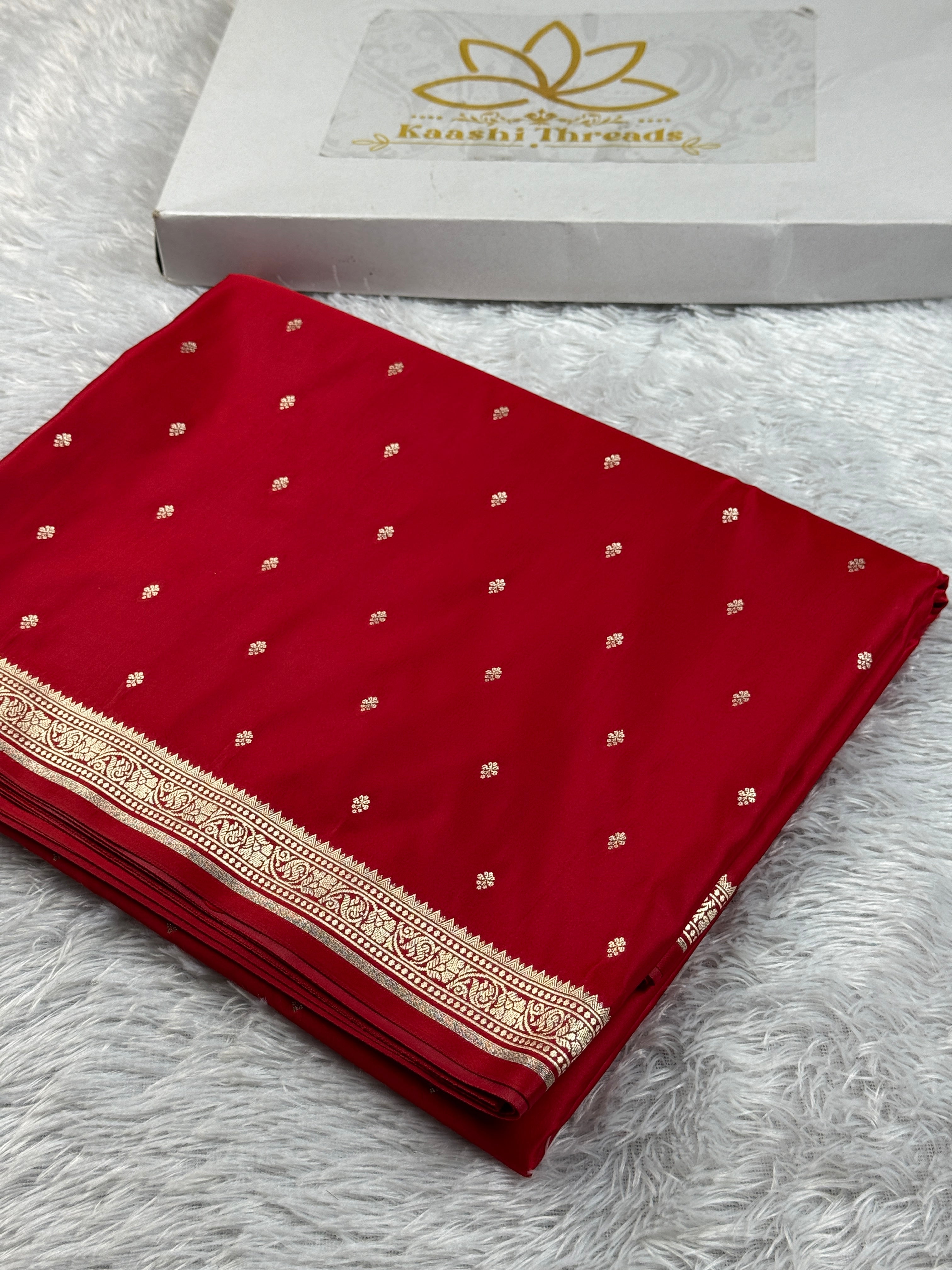 Royal Red Banarasi Satin Mashru Silk Saree with Matter Buti Zari Weaving & Scalloped Border – MKS505