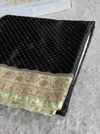 MKS839 Black & Beige Mashru Kataan Silk Saree with All-Over Swarovski Work & Rich Zari Pallu