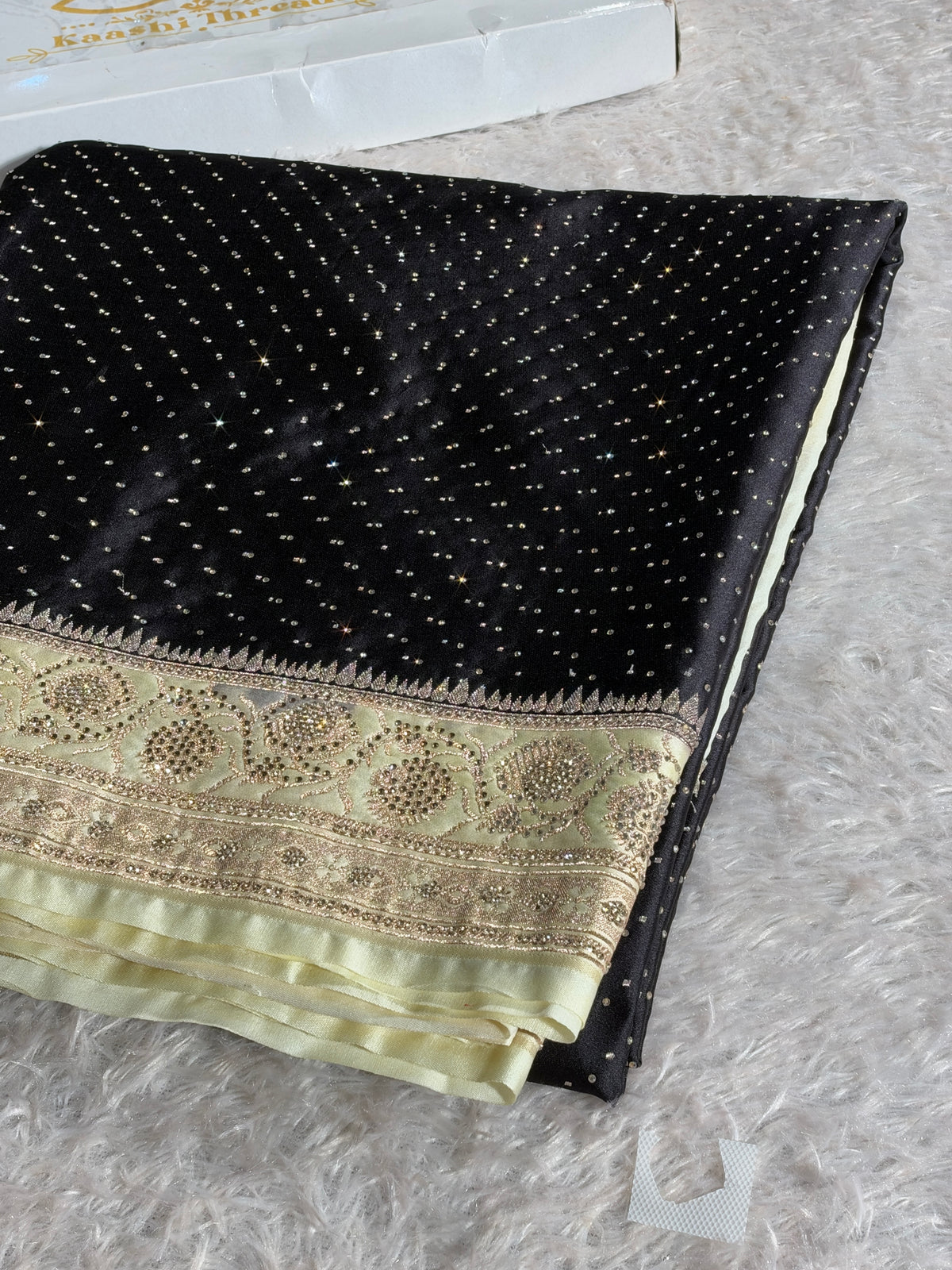 MKS839 Black & Beige Mashru Kataan Silk Saree with All-Over Swarovski Work & Rich Zari Pallu