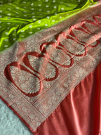 MKS690 – Mehndi & Peach Banarasi Mashru Kataan Silk Saree with Buta Woven Design