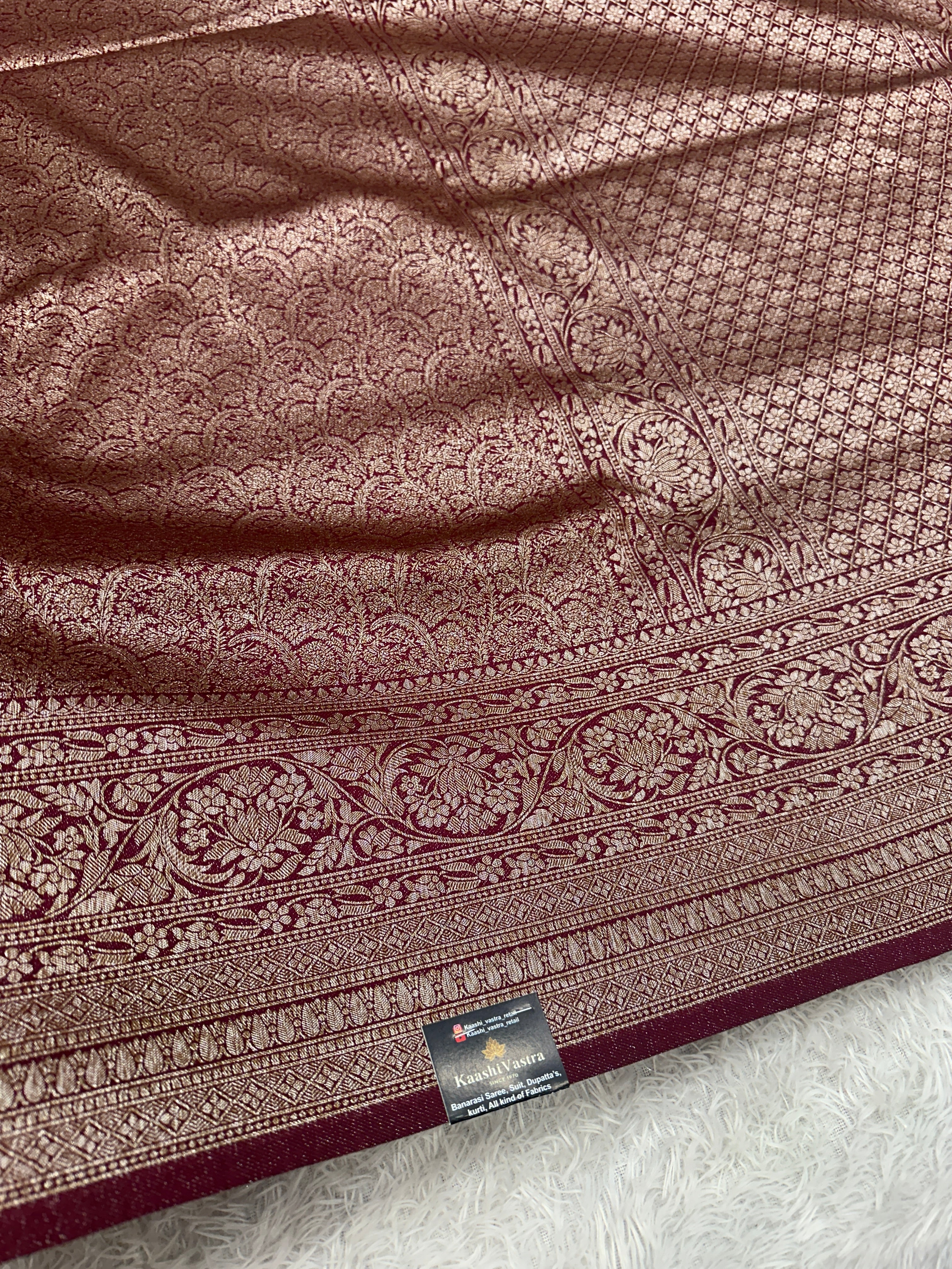 Wine Banarasi Dupion Silk Saree with Embossed Antique Zari Weaving & Rich Antique Zari Pallu | STF65