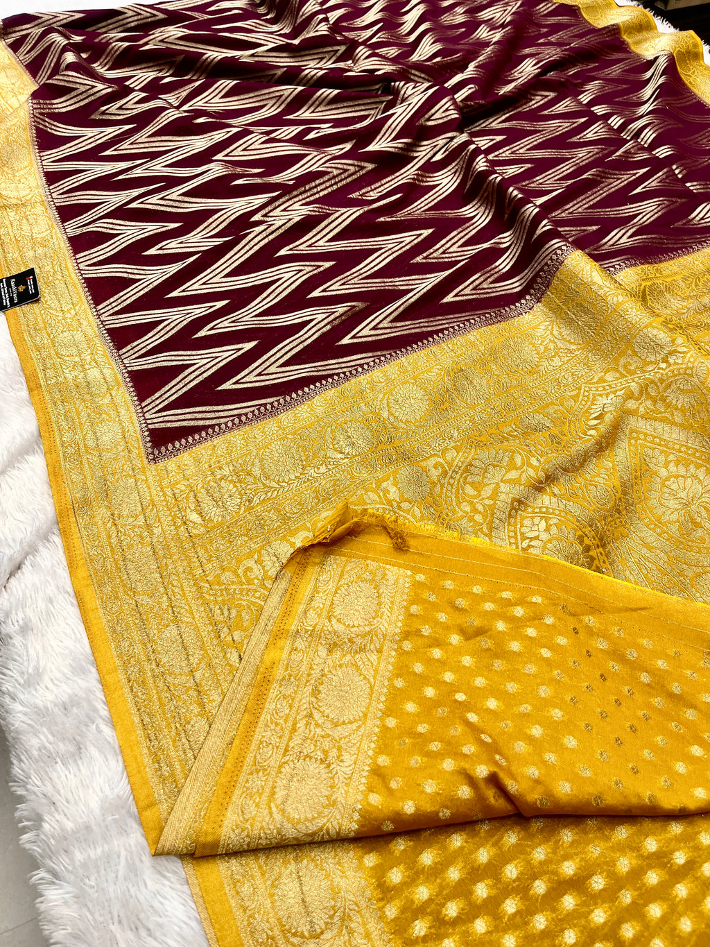 Chinon Silk Zig Zag Design Magenta with Yellow Color Saree CN09