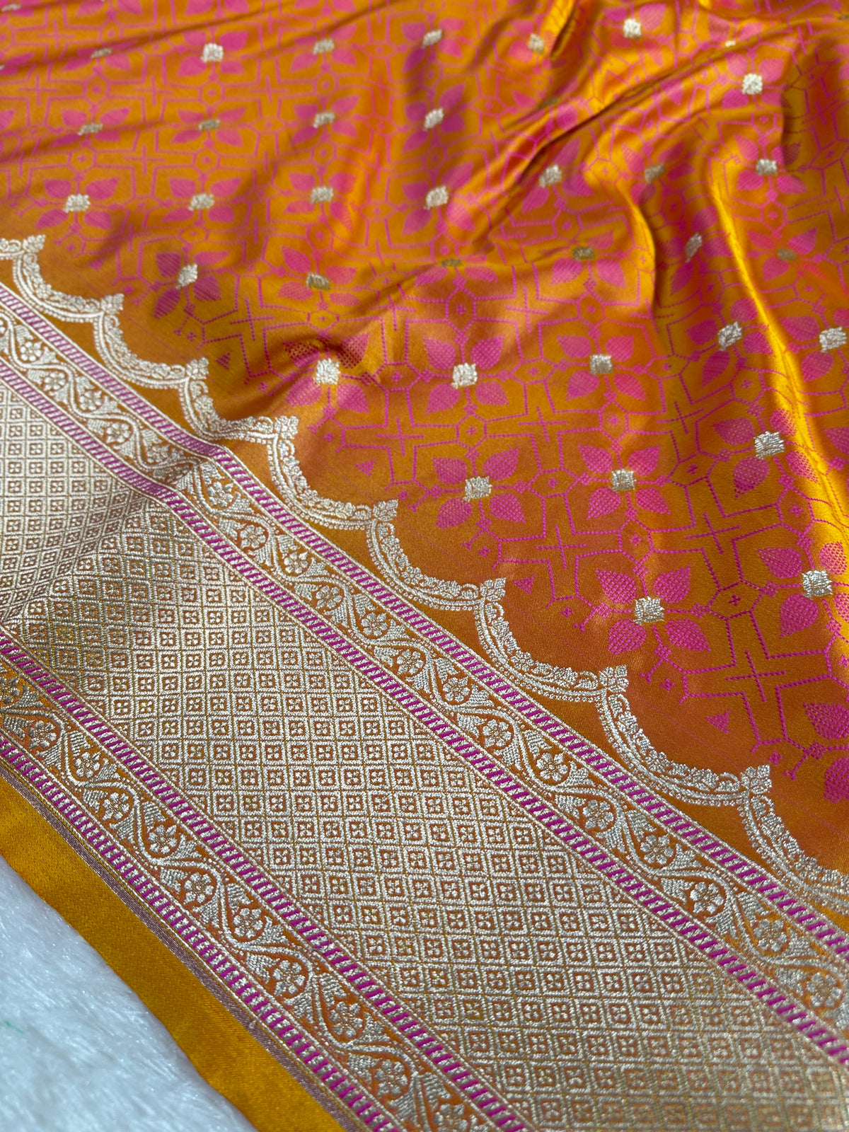 Gold Yellow Banarasi Mashru Silk Saree with Tanchoi Meena Woven Pattern & Fancy Jacquard Border MKS106