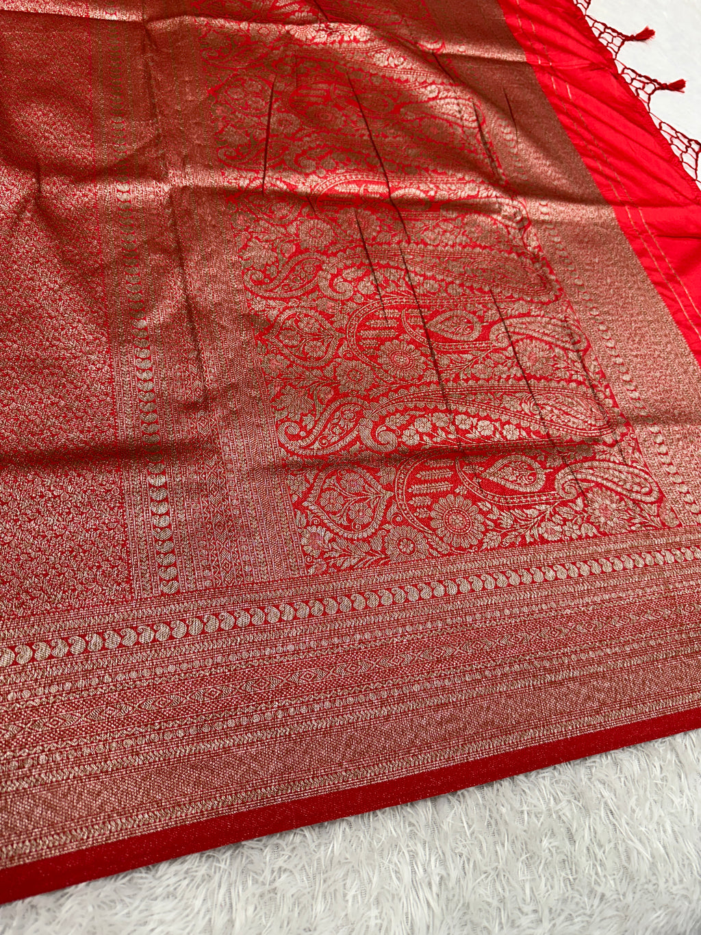 Red Banarasi Dupion Silk Saree with Embossed Antique Zari Weaving & Rich Antique Zari Pallu | STF95