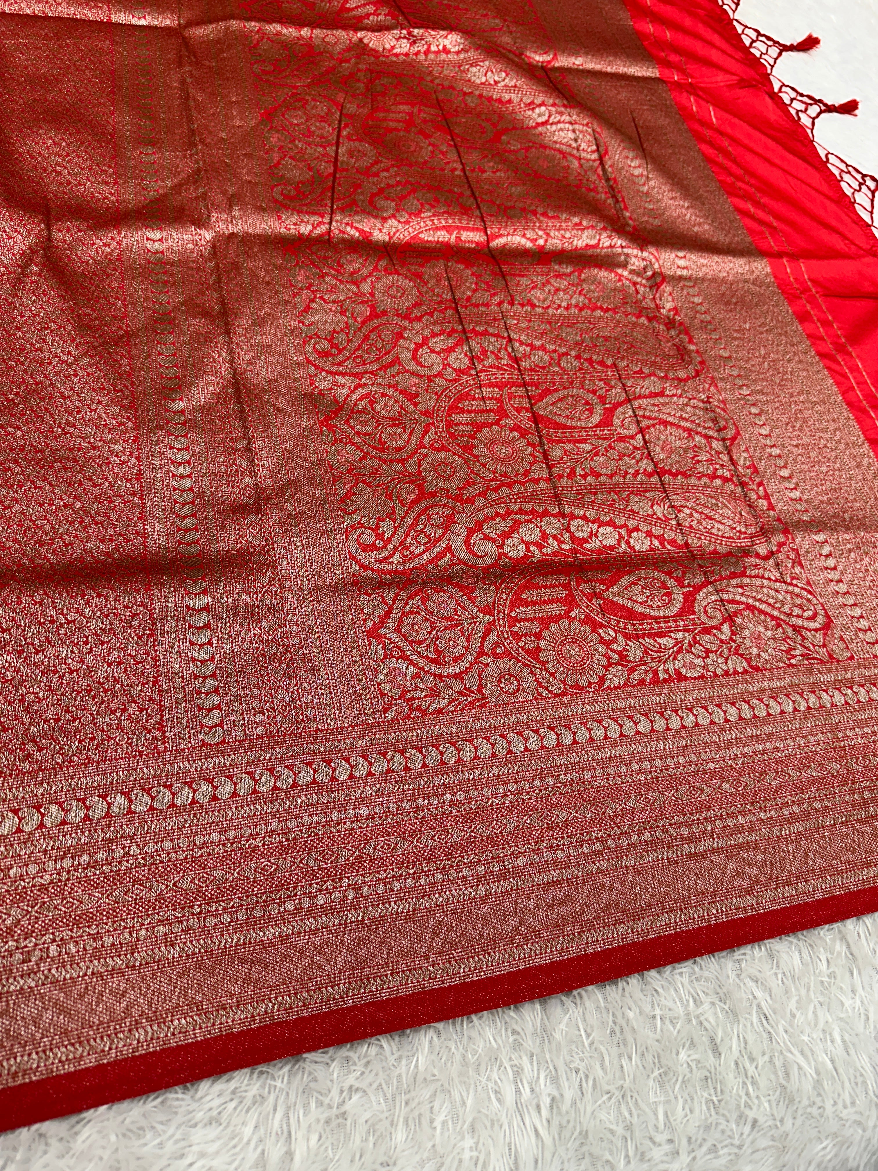 Red Banarasi Dupion Silk Saree with Embossed Antique Zari Weaving & Rich Antique Zari Pallu | STF95